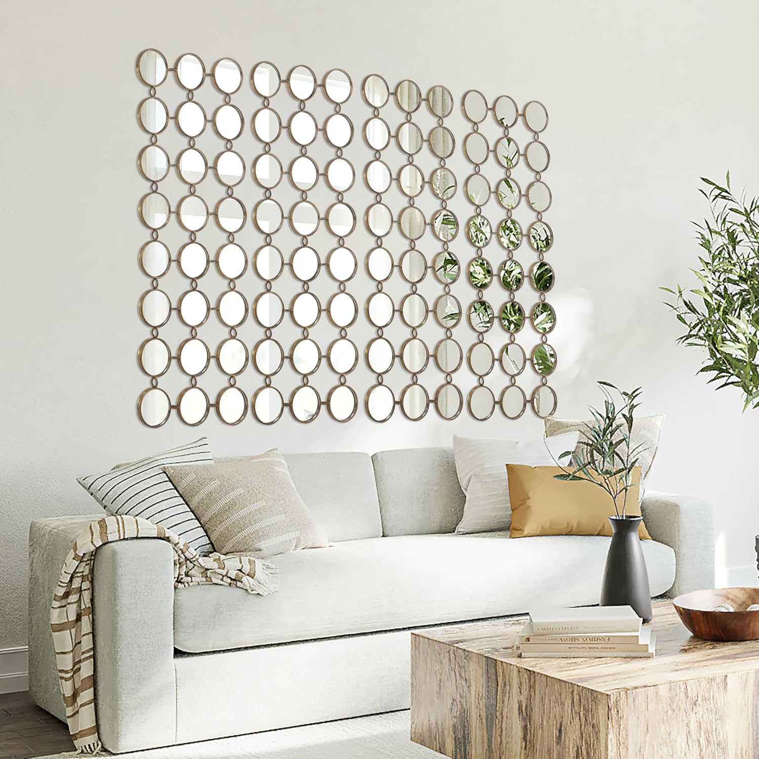 Gold Decorative Wall Mirror, 40.5" x 14.5" Metal Frame Accent Mirror with 24 Round Mirrors, Geometric Wall Decor for Living Room, Entryway, Hallway, Horizontal or Vertical Hanging