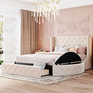 Queen Size Upholstered Platform Bed, Bedroom Furniture Pine Wood Bed Frame with Drawer, Side Storage Stools and Velvet Wingback Headboard, for Kids & Teens Beige