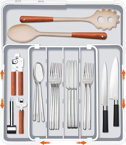 Homecor Organizador de cajones de cocina, organizador de cajones de cubiertos expandible, bandeja organizadora de utensilios ajustable, organizador