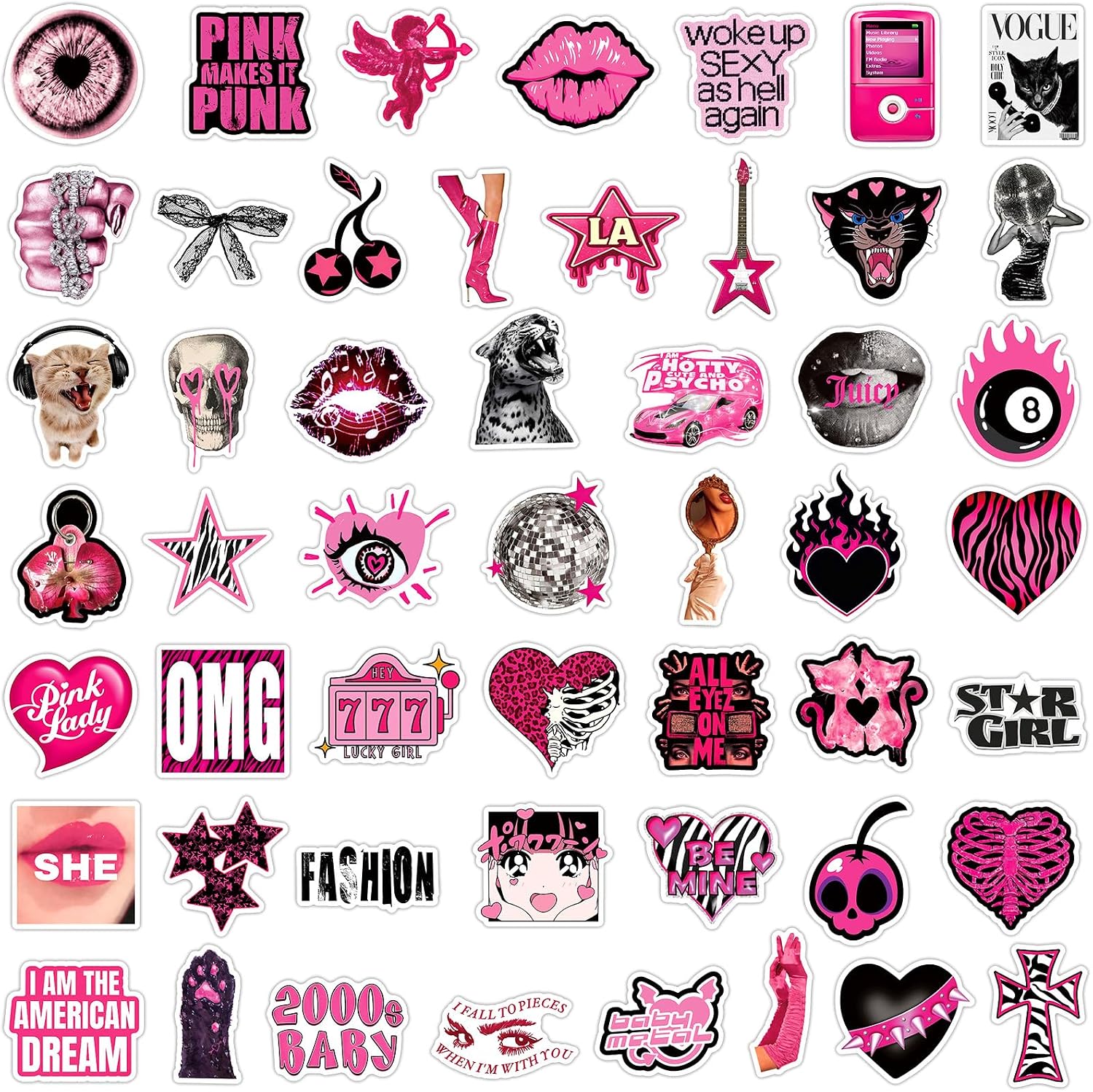 50Pcs Pink Black Y2K Stickers, Pink Punk Aesthetic Coquette Stickers Pack image 2