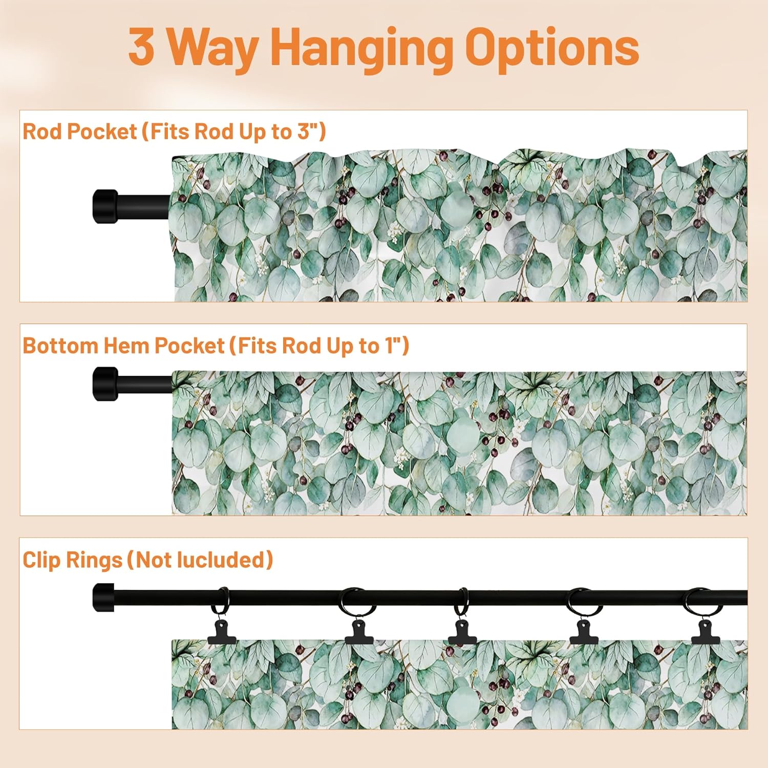 Green Eucalyptus Leaves Valance for Windows,Window Treatment Watercolor Curtains Rod Pocket Sheer Small Short Valance for Kitchen Bathroom Laundry Basement,2 Panels,42Wx12L inch