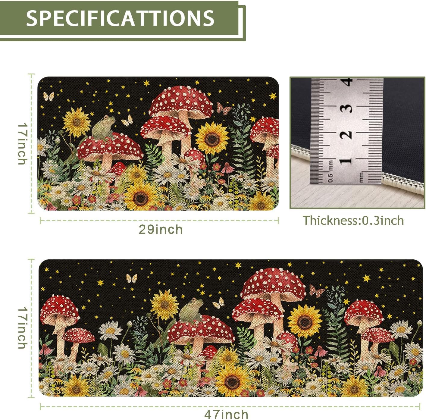 Farmhouse Kitchen Rugs Set of 2 Non-Slip Farmhouse Mushroom Kitchen Mats for Floor Rustic Low-Profile Washable Country Home Decor Rug 17x47 Inch and 17x29 Inch