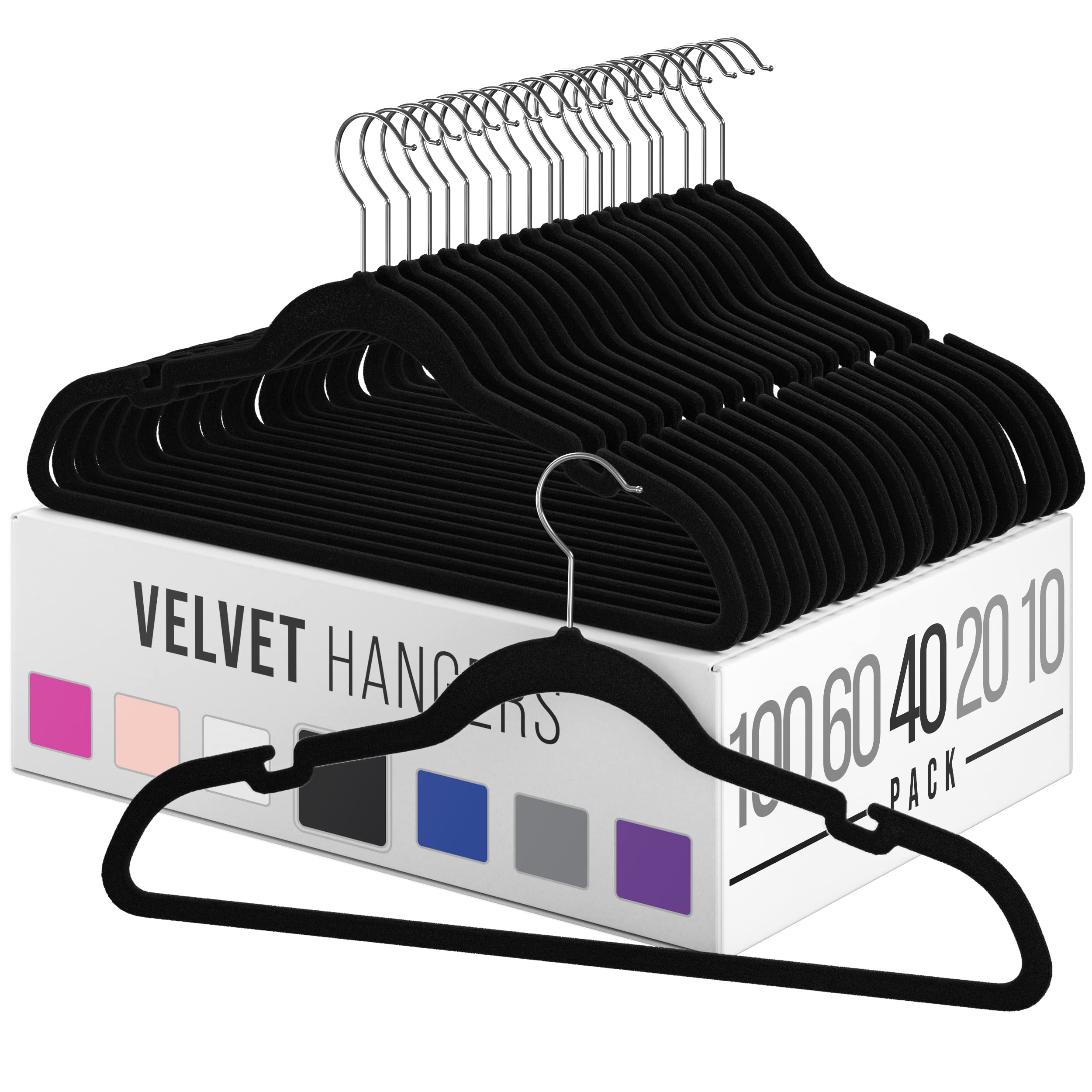 Velvet Clothes Hangers (20, 40, 60, 100 Packs) Heavy Duty Durable Coat and Clothes Hangers | Vibrant Color Hangers | Lightweight Space Saving Laundry Hangers (40 Pack - Black)