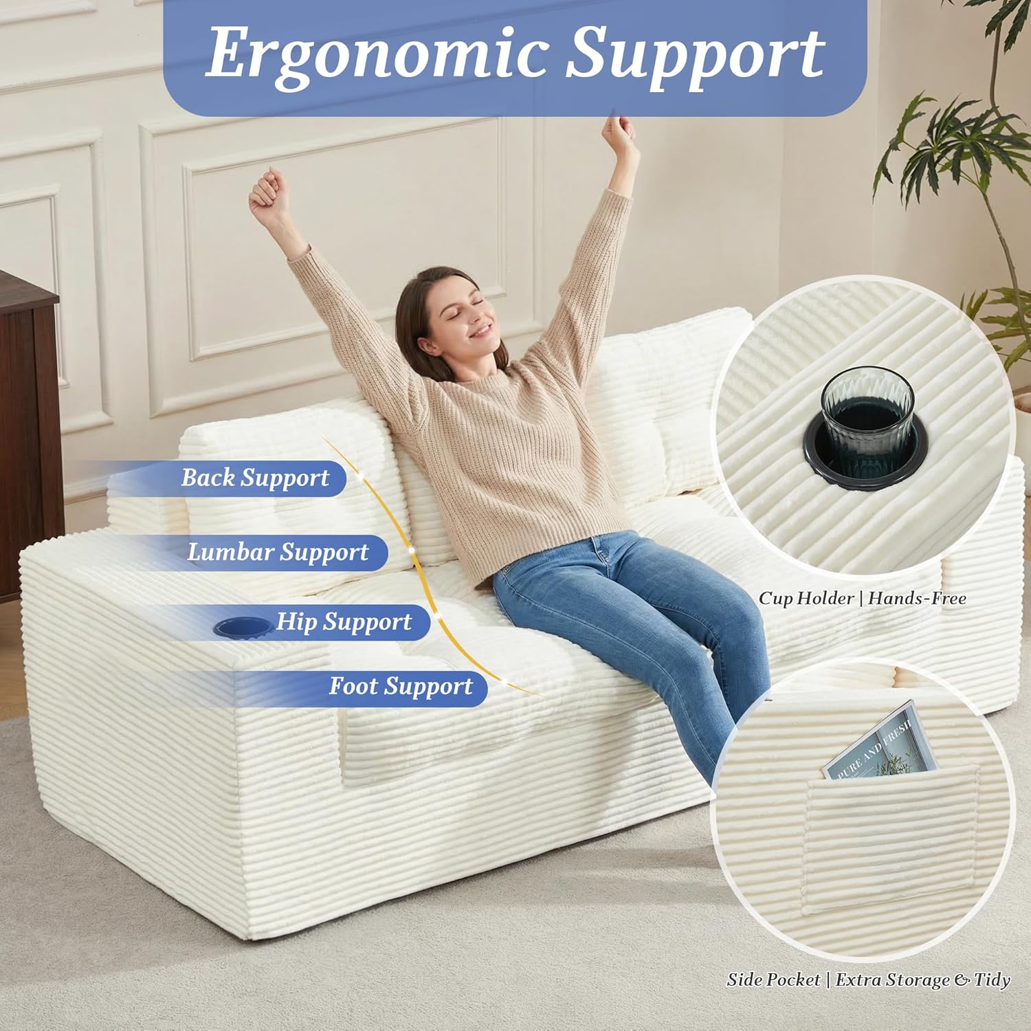 HOMREST Boneless Couch for Living Room, 75" Modern 3-Seater Sofa with Deep Seat, Upholstered Cloud Sofa with Cup Holder, No Assembly Couch, Compressed Floor Sofa for Bedroom, Dorm, Apartment,Beige