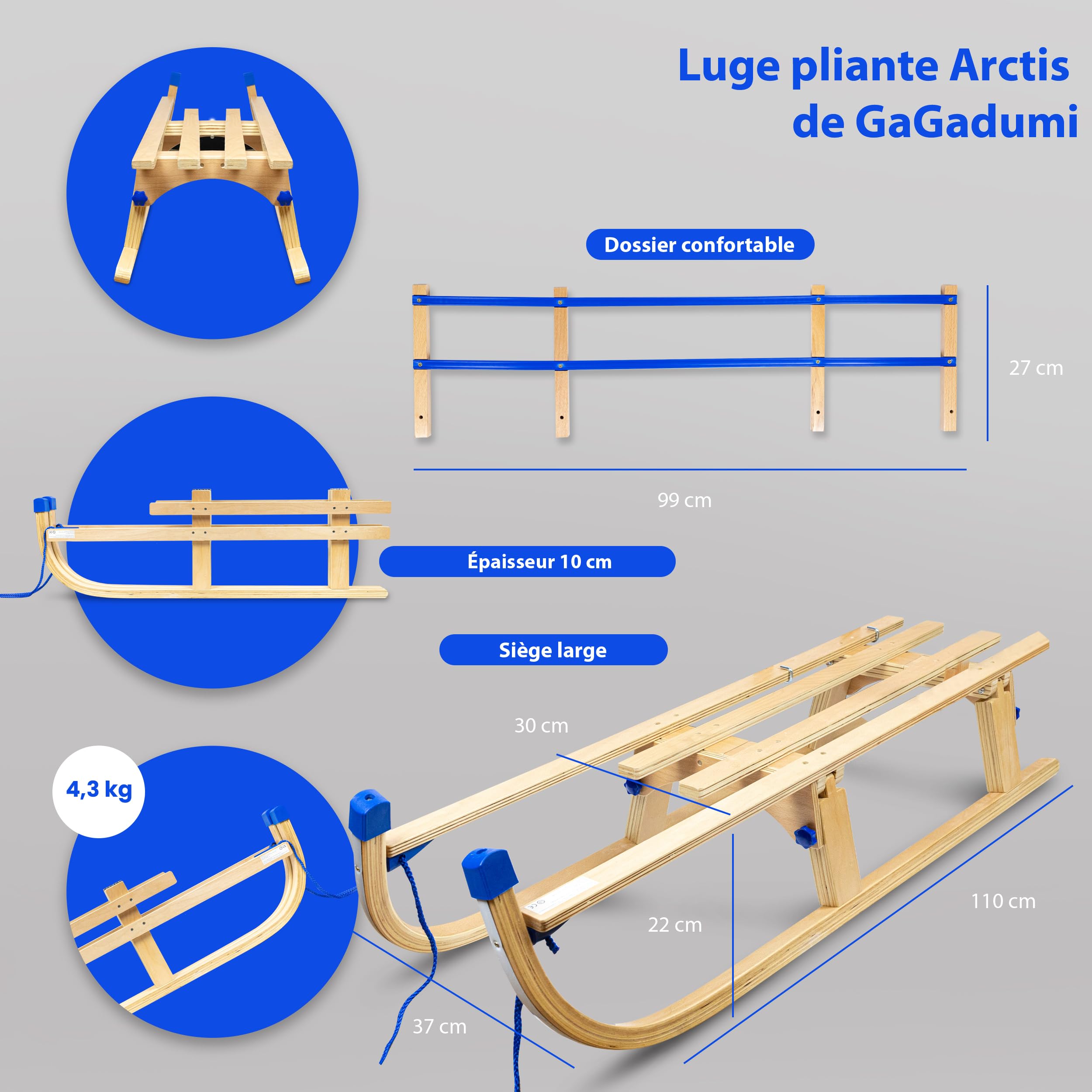 Gagadumi Arctis Luge pliable en bois avec dossier – Luge robuste et peu encombrante pour l'hiver, idéale pour s'amuser dans la neige et les aventures en plein air