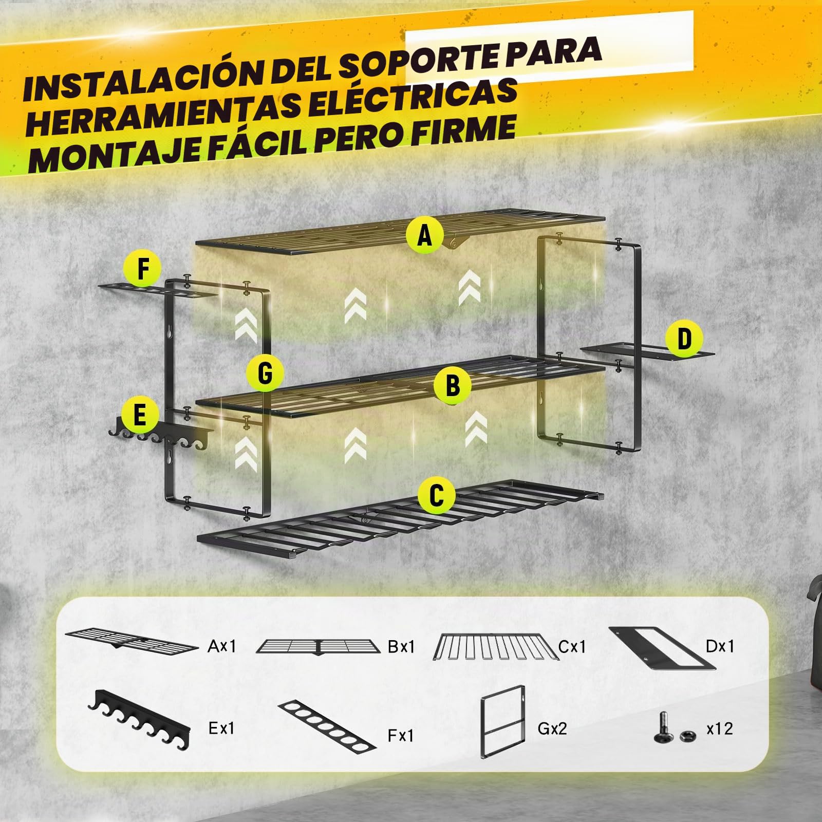 Hipidian Organizador de Pared 3 Niveles para Herramientas Eléctricas - Soporte con 7 Portabrocas y 68 kg Capacidad, Almacenaje en Acero para Taller, Garaje y Trastero