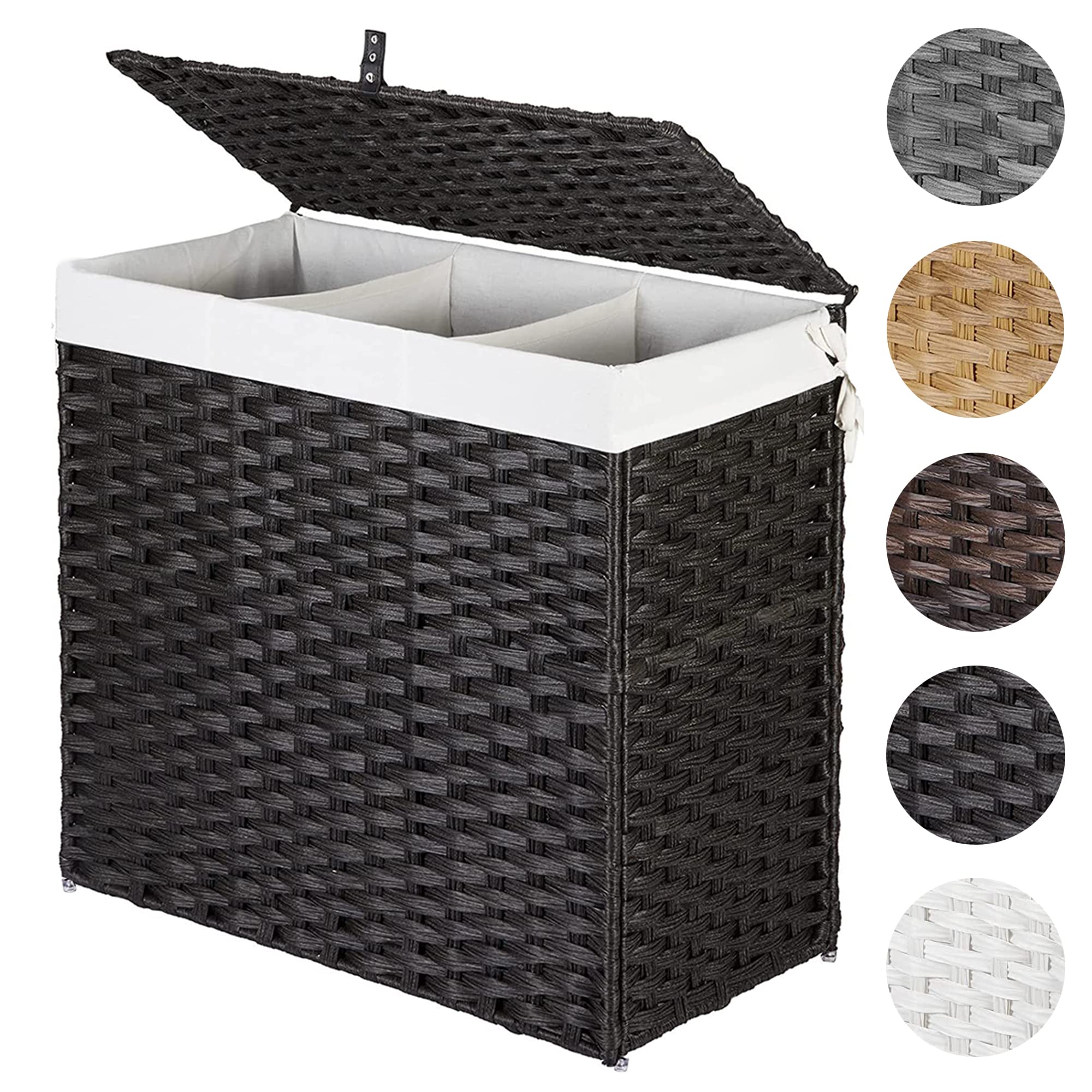 Laundry Hamper with Lid and Handle, 130L Synthetic Rattan Wicker Handwoven Laundry Basket, 3 Section Divided Dirty Clothes Hamper with Removable Liner Bag for Laundry Room Bedroom Black
