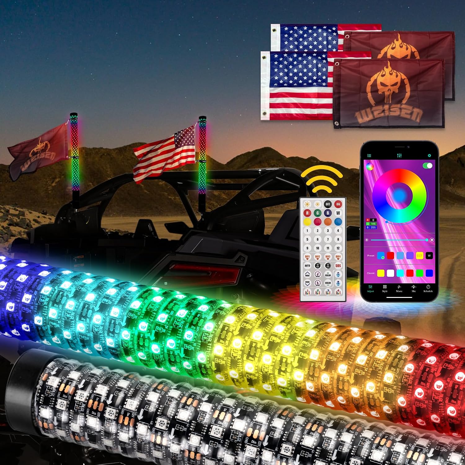 WeiSen 2Pack 2FT Fat Whip Lights with Turn Reverse Light, Spiral RGB LED Chasing Lighted Whips w/Plug & Play Adapter Compatible with Polaris RZR Maverick X3 Golf Cart Truck