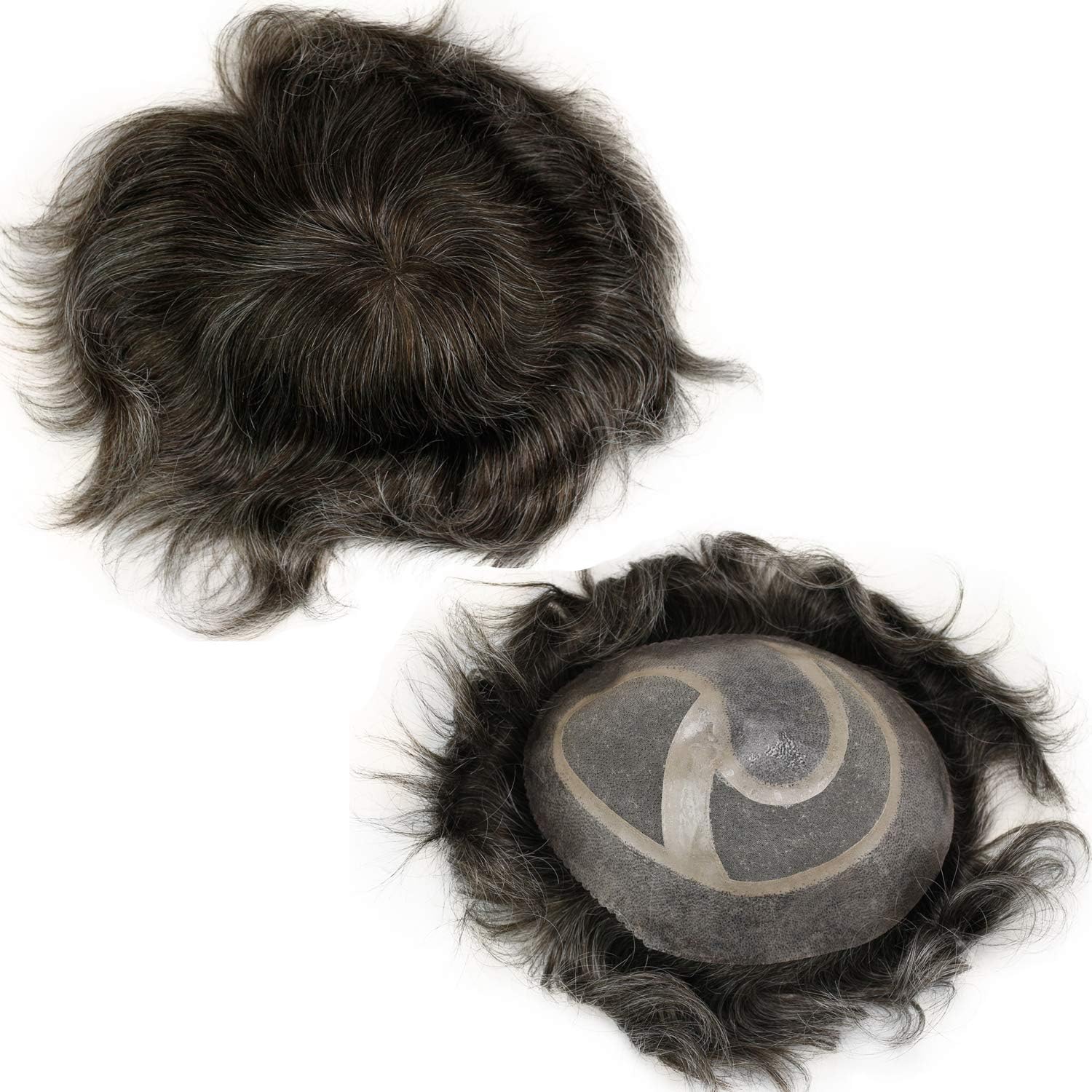 Rossy&Nancy Toupee for Men 10x8inch Natural Wave Men's Hairpiece Replacement System 80% #3 Color Mixed 20% Grey Hair