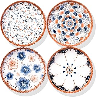 Japanese Ceramic Dinner Plates Set of 4, Porcelain Plates for Dish, Snacks, Chicken Wings - 8 Inch