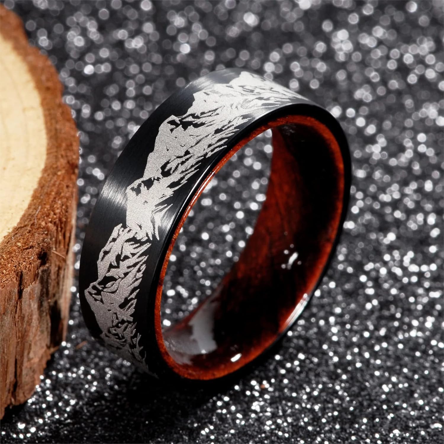 Mens Wood Titanium Ring Laser Etched Forest Mountain Landscape Pine Spruce Tree Ring Wedding Band for Men 8mm Black Comfort Fit - Image 3