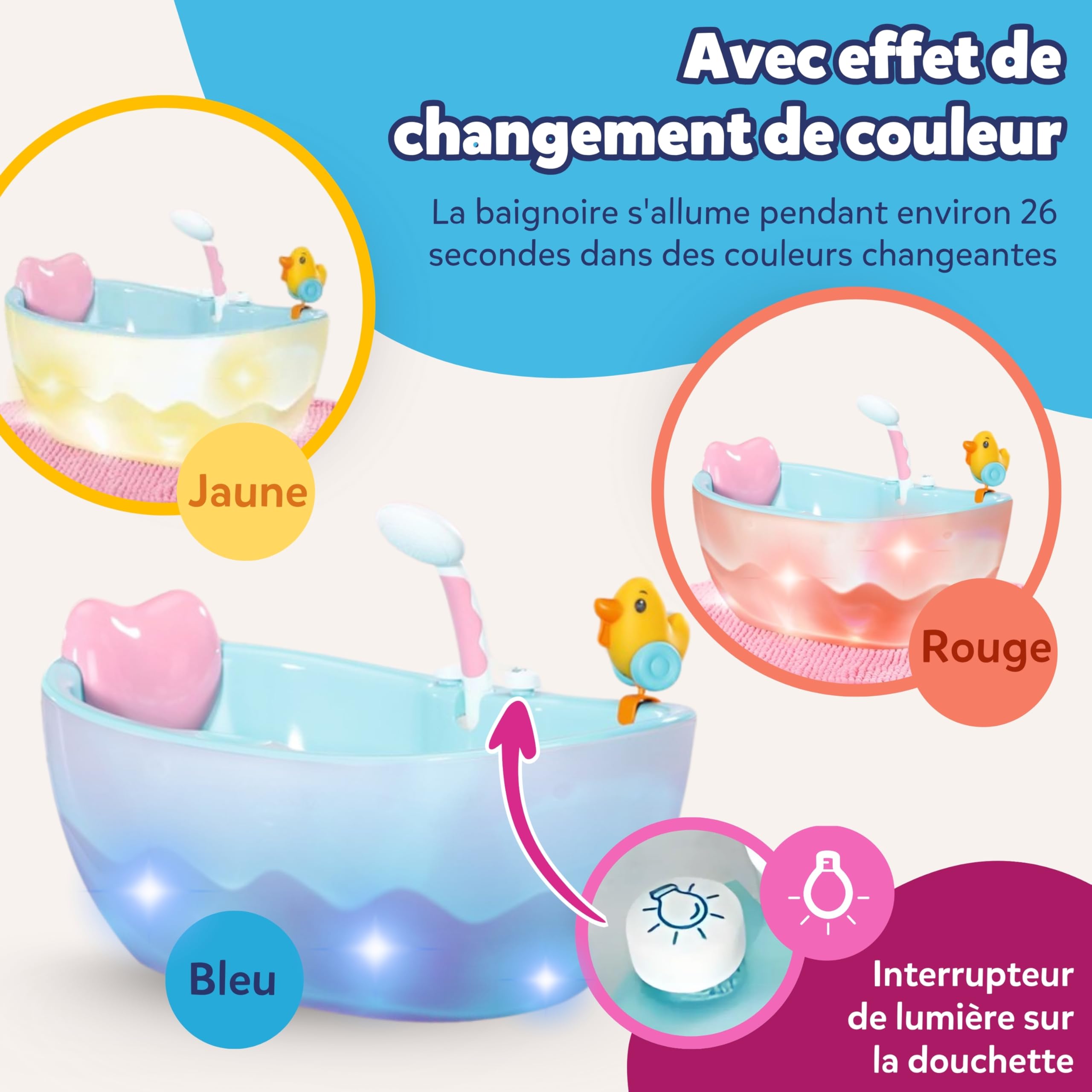 BABY born Baignoire avec Changement de Couleur - Fonction Douche et Son - Accessoires Haut de Gamme pour poupées de 36 et 43 cm - Fonctionne également avec de l'eau véritable