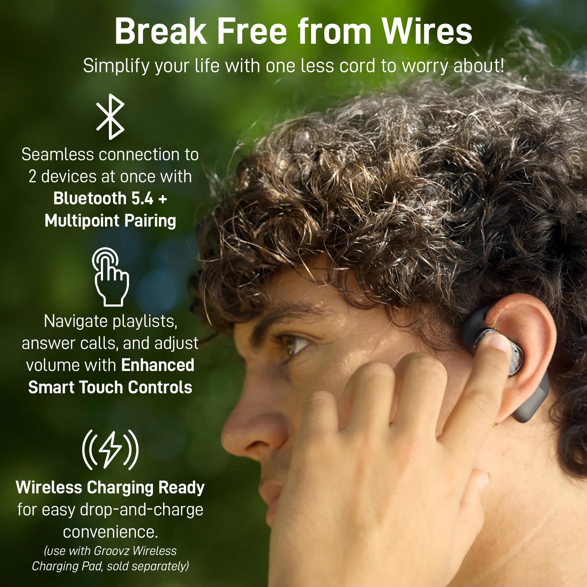 Groovz Open-Ear Plus True - Cuffie wireless con display della batteria, progettate e progettate negli Stati Uniti, con accoppiamento multipunto, auricolari Bluetooth aperti compatibili con Apple e