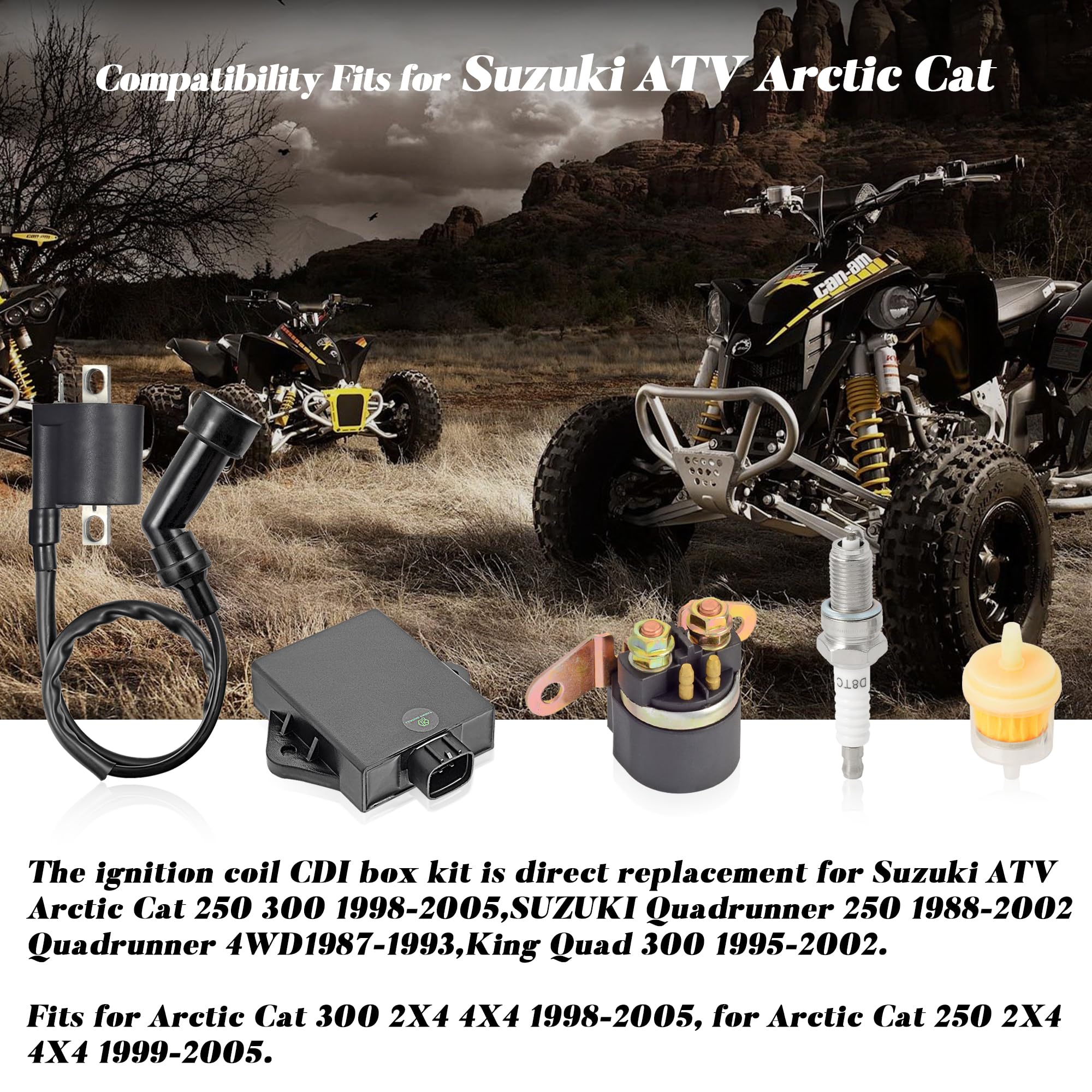 Ignition Coil Kit With CDI Box & Solenoid For Arctic Cat 250/300 ATV (1998-2005) - Includes Spark Plug & Fuel Filter - View #7
