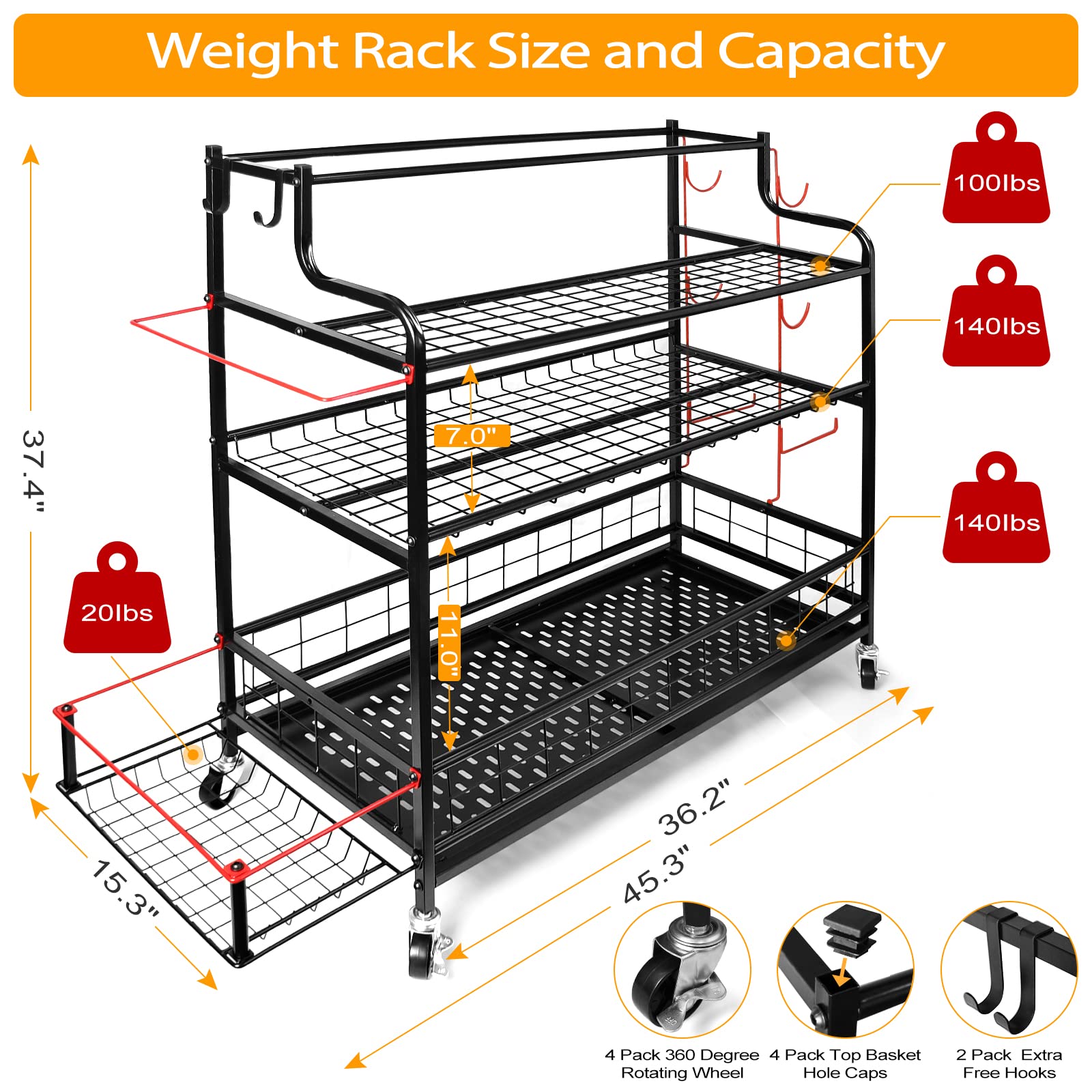 Dumbbell Rack Weight Stand SPIDERCAMP 4 Tier Yoga Mat Storage Rack Home Gym Storage Rack Upgraded Weight Rack for Dumbbells Workout Equipment Storage Organizer Garage Storage Rack With Lockable Wheels and Hooks