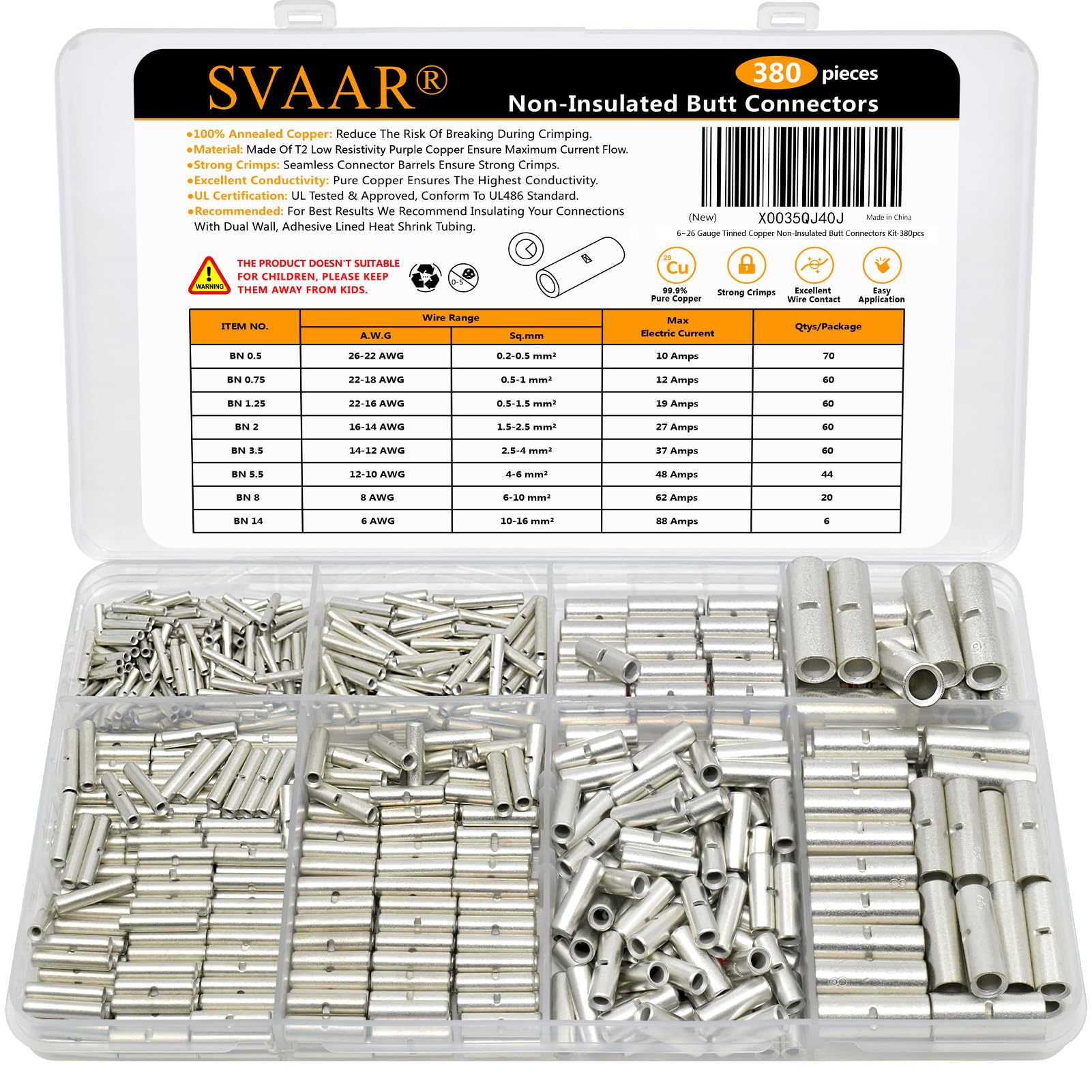 SVAAR 380 Pcs Non-Insulated End Connectors Kit, End Splice Connectors, Non-Insulated Wire Connectors for 26 Gauge Wire, Non-Insulated End Terminals