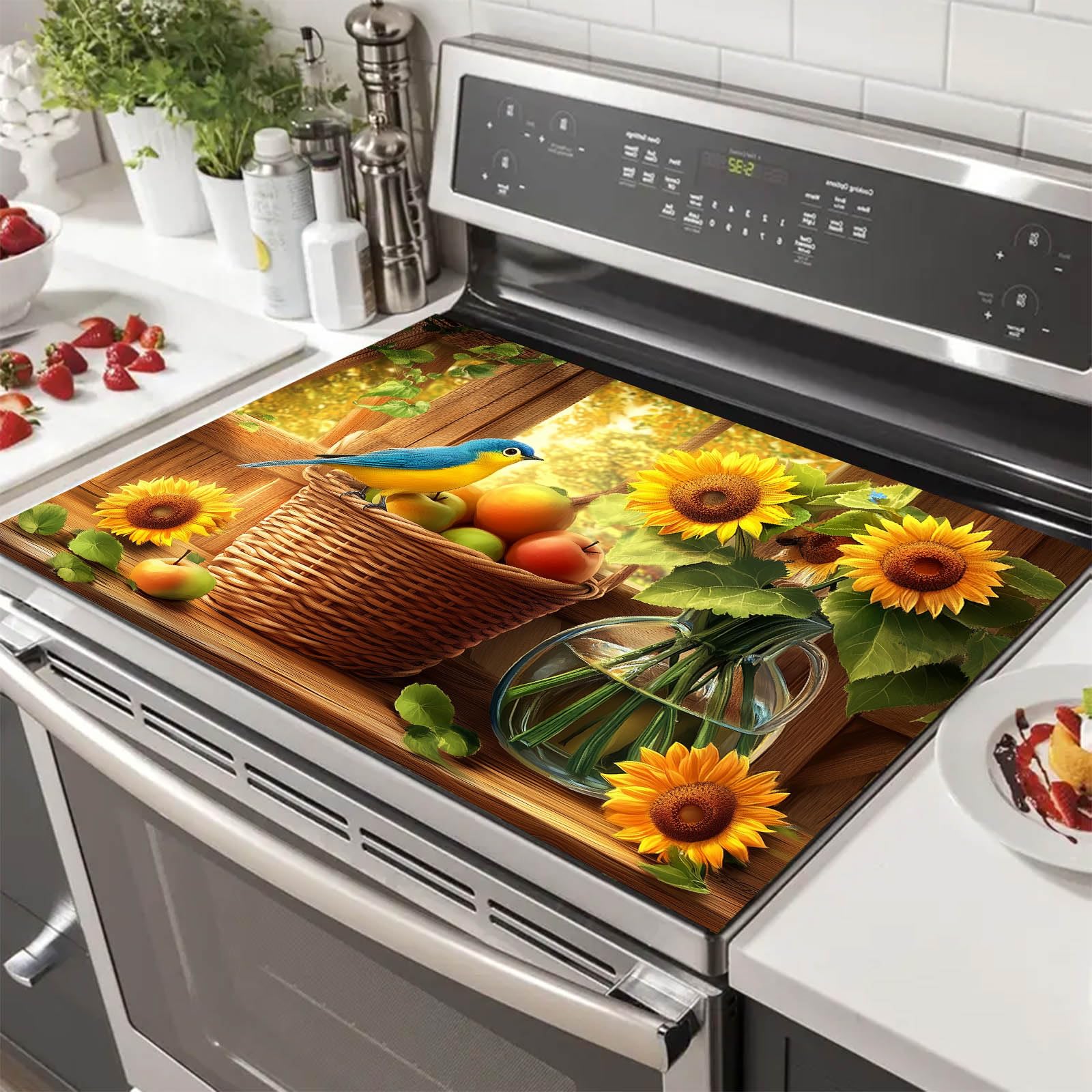 HOMETITTUE Stove Top Covers for Electric 28x20 Inches Sunflower Farmhouse Design Heat Resistant Cooktop Cover Dish Drying Mats for Kitchen Coffee Bar Mats Stovetop Protector Countertop Cover
