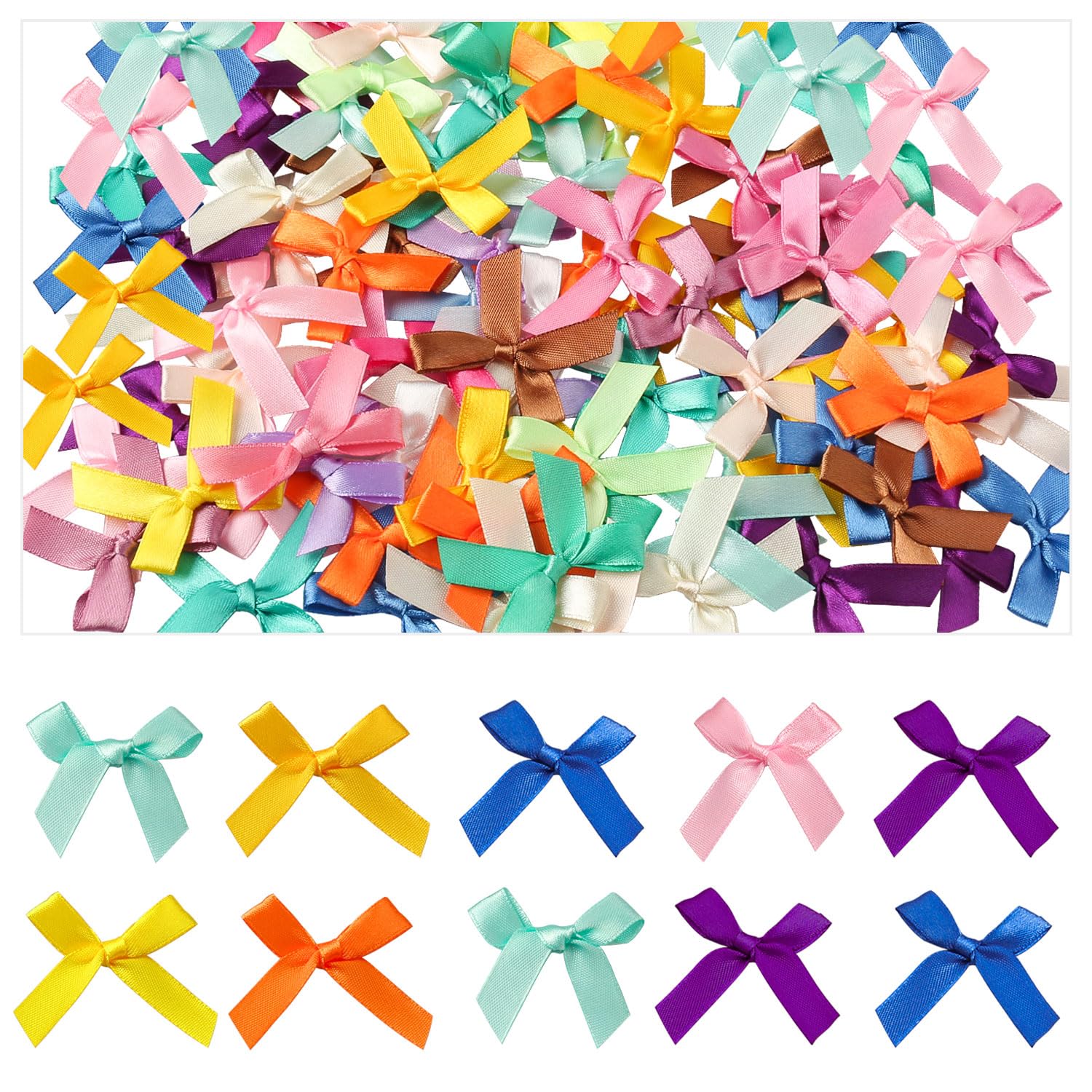 100 pcs Mini Ribbon Bows, Double Sided Satin Multicolored Ribbon Bows Flowers Appliques DIY Craft for Sewing, Scrapbooking, Wedding, Gift