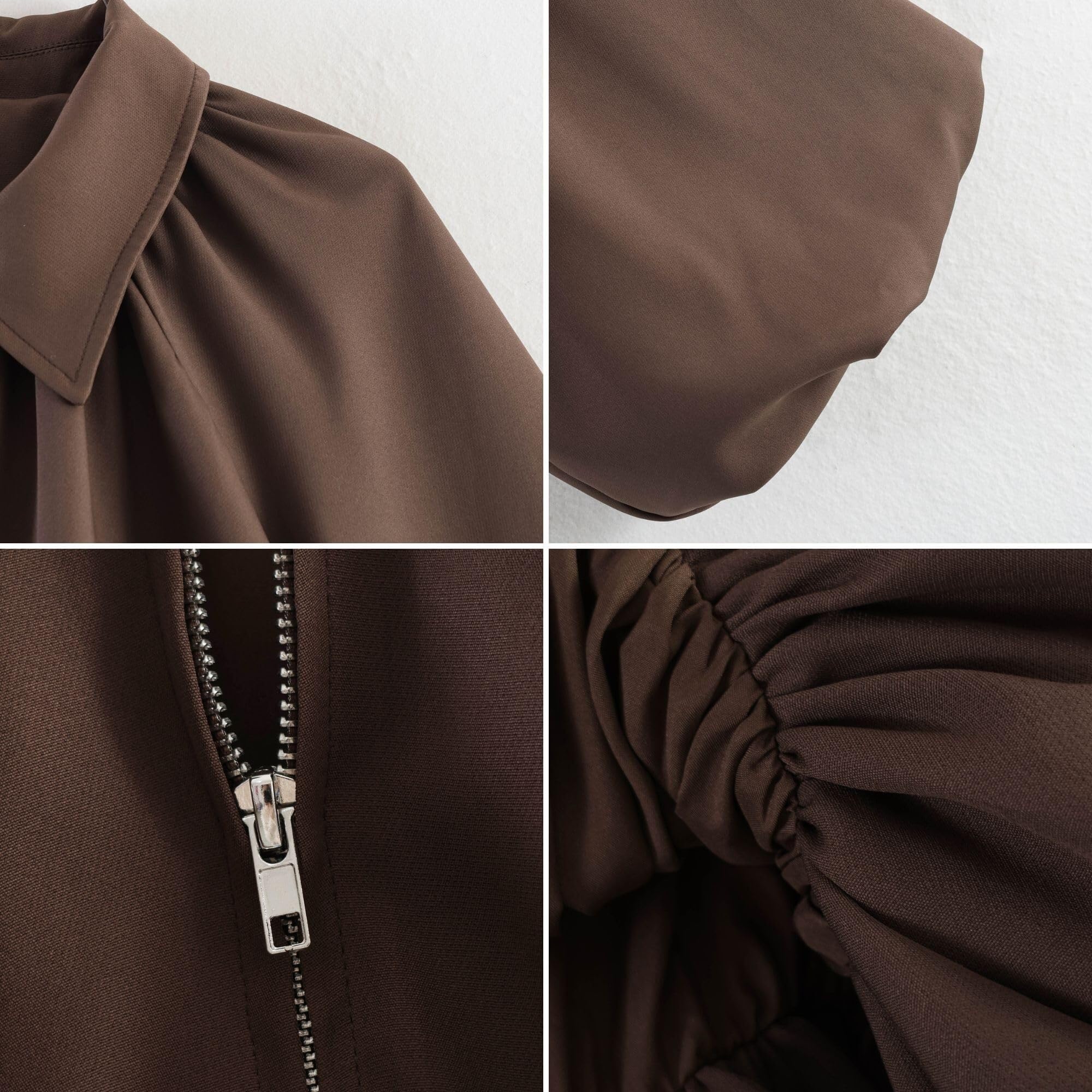 Générique Blouson Bomber Femme Printemps Automne, Manches Bouffantes Ourlet Bulle Court Col Revers Zip Ample, Veste Plissée Décontractée
