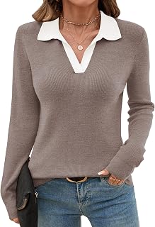 Romanstii Women's Knitted Collared Sweaters Long Sleeve V-Neck Polo Shirts Winter Pullover Tops