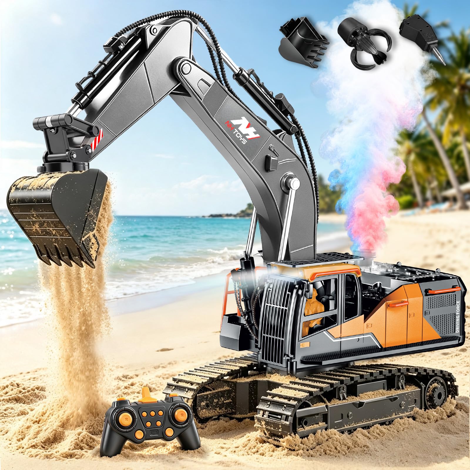 Charmofun 3-in-1 Ferngesteuerter Bagger mit DREI Metall-Aufsätzen