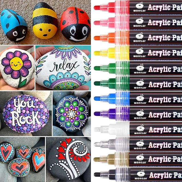 Acrylic Paint Pens for Rock Painting Stones Ceramic Porcelain Glass Pebbles Fabric Wood Kids DIY Canvas (12 Medium Tip)