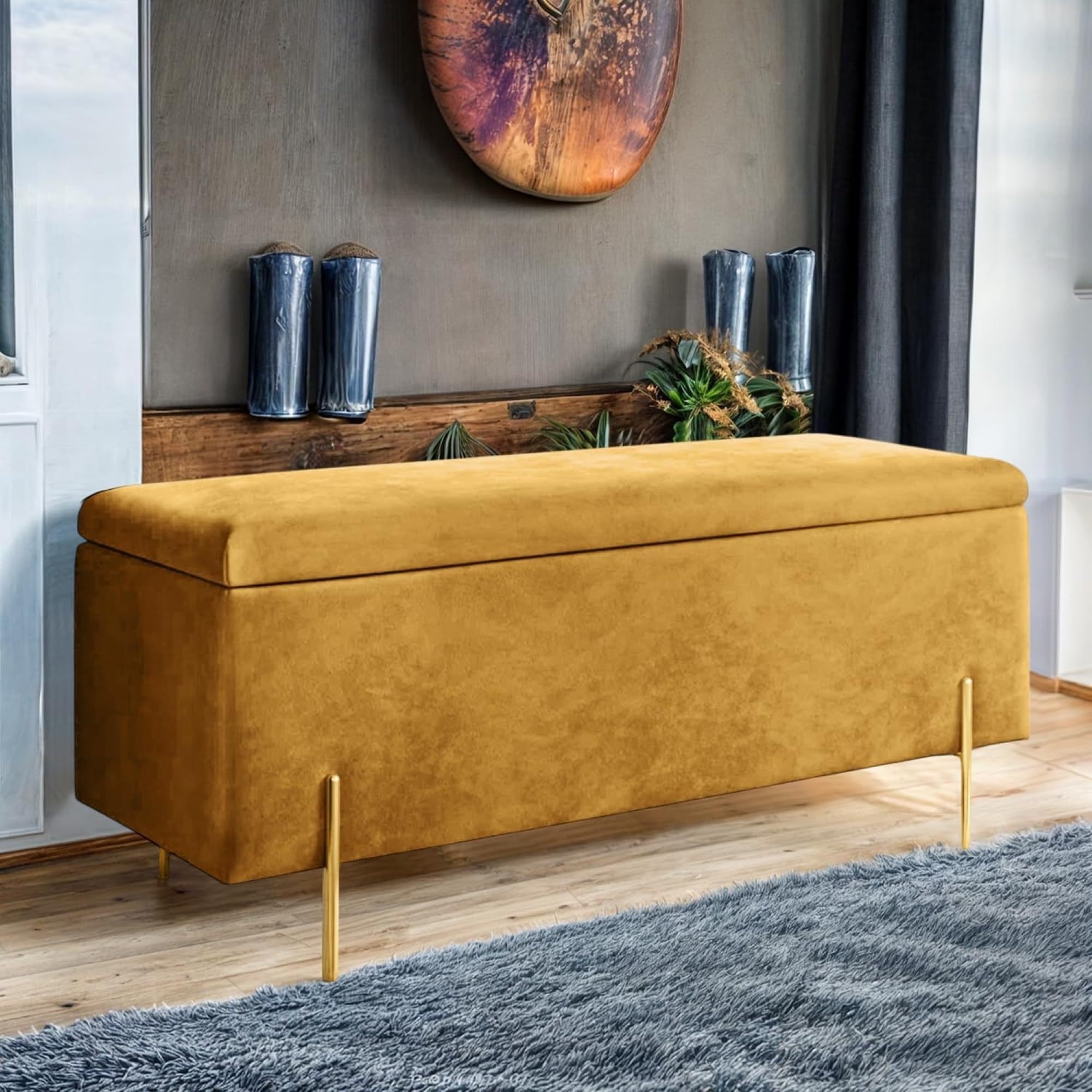 Harveys Living Plain Ottoman Storage Box - Engineered Wood Luxurious Plush Velvet Ottoman Storage Bench (Mustard, Legs)