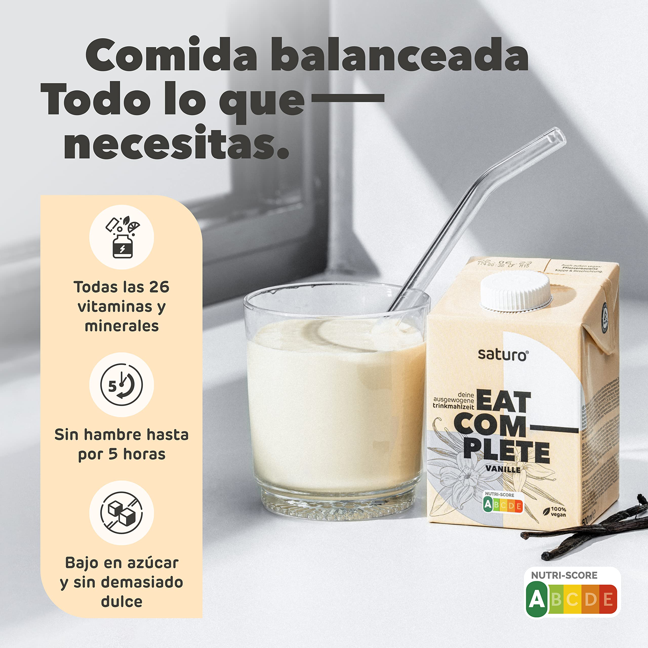 Saturo Batido de Vainilla Sustituto de Comida | Comida para astronautas con proteínas y 500kcal | Vegano | Comida bebible con nutrientes esenciales | 6 x 500 ml