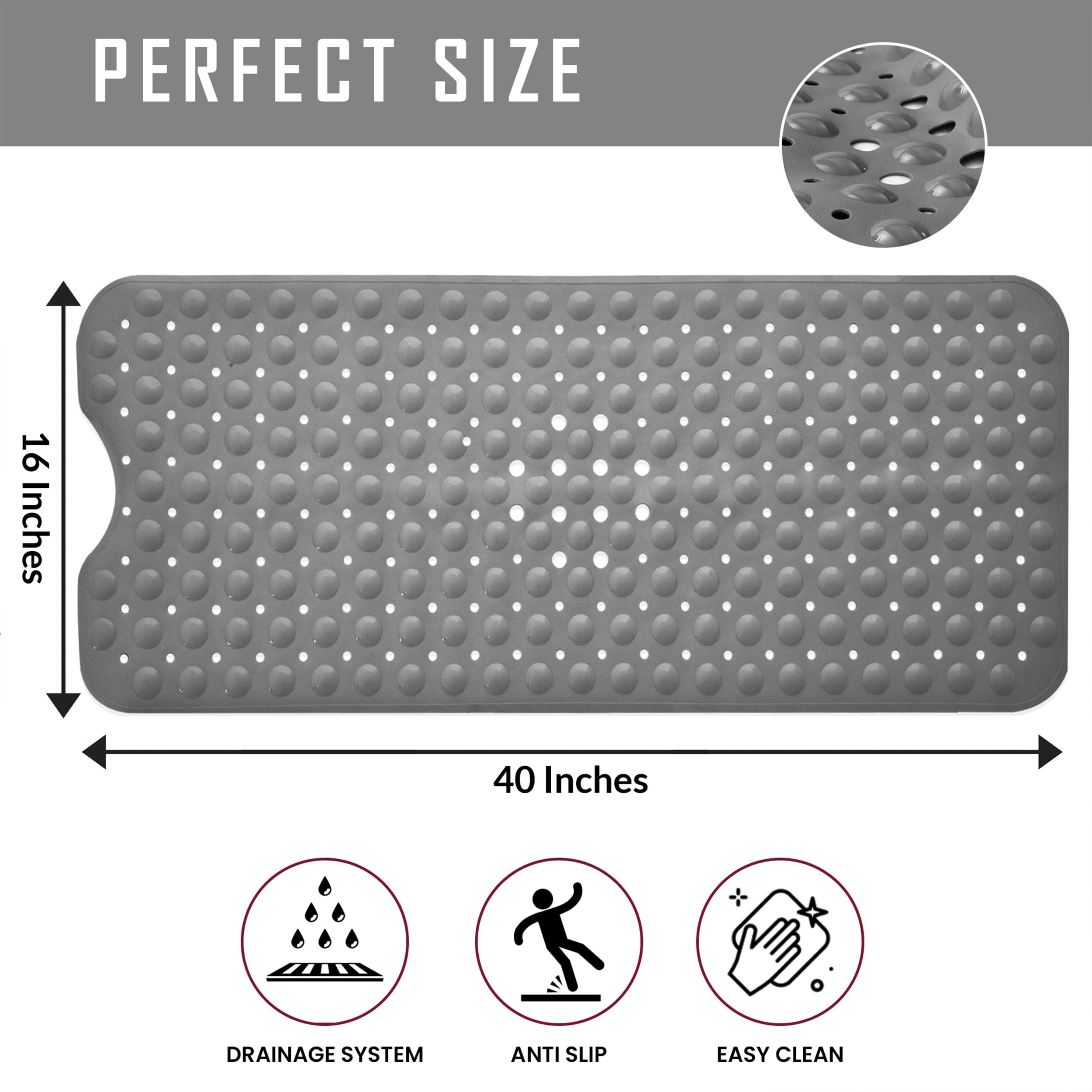 LDC Bath Mat for Tub, Inside Shower Bathtub Mat with Drain Holes and Suction Cups, Anti Slip Bath Mat Inside Tub Extra Long, 40x16 - Grey