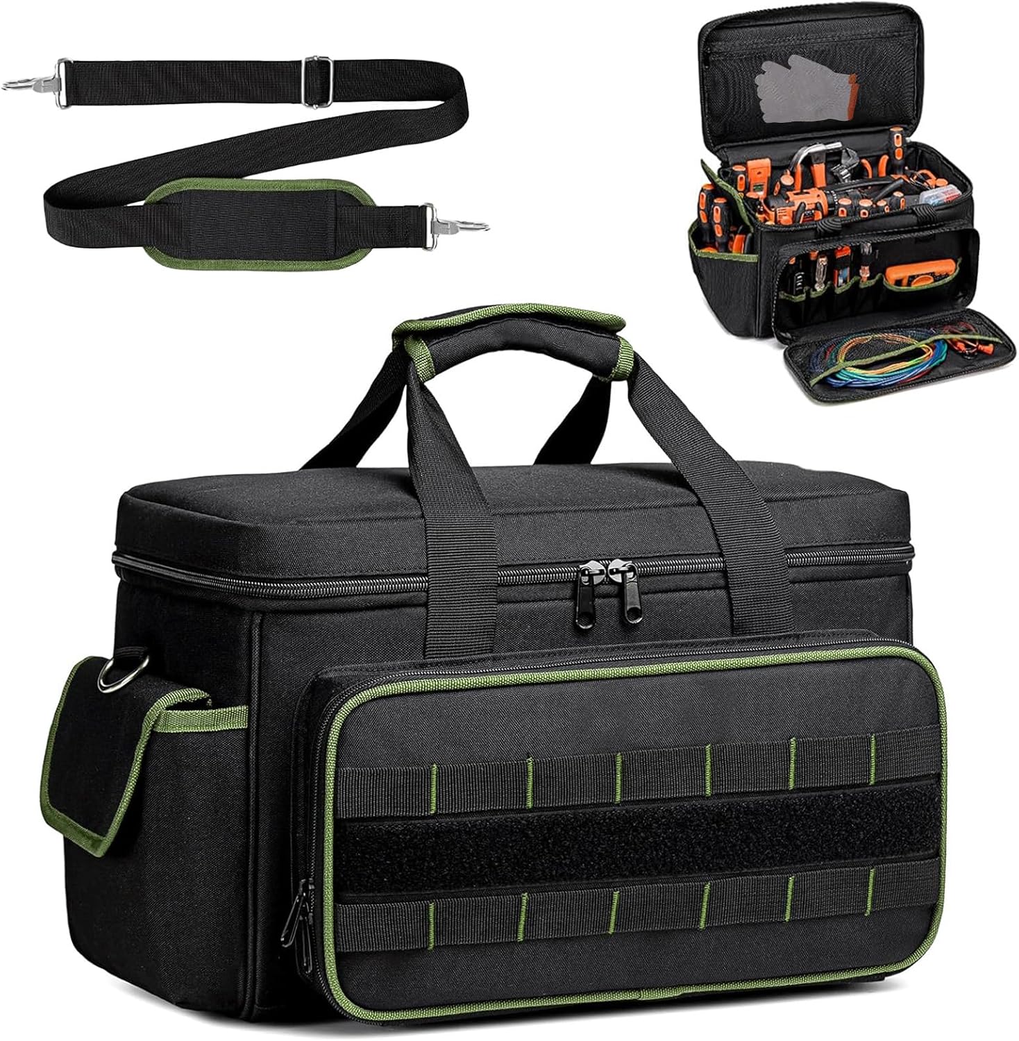 Tool Bag for Men, 17-Inch Durable Oxford Tool Tote with Padded Handle & Adjustable Shoulder Strap, Multi-Pocket Storage Organizer for Electrician, Carpenter, Handyman, Mechanic blackgreen