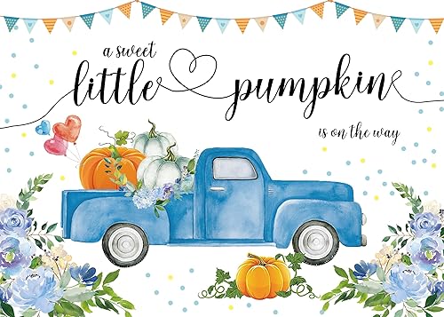 Miniatura 2 de 7 telón de fondo de calabaza para baby shower de 5 pies para niños, calabaza de otoño, camión azul, fotografía floral, fondo de calabaza, decoración