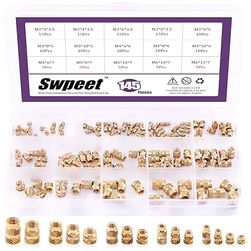 Swpeet 145 piezas 5 valores M2 M3 M4 M5 M6 rosca hembra Tuercas moleteadas Tuercas de inserción roscadas de latón Tuercas de incrustación soldadas