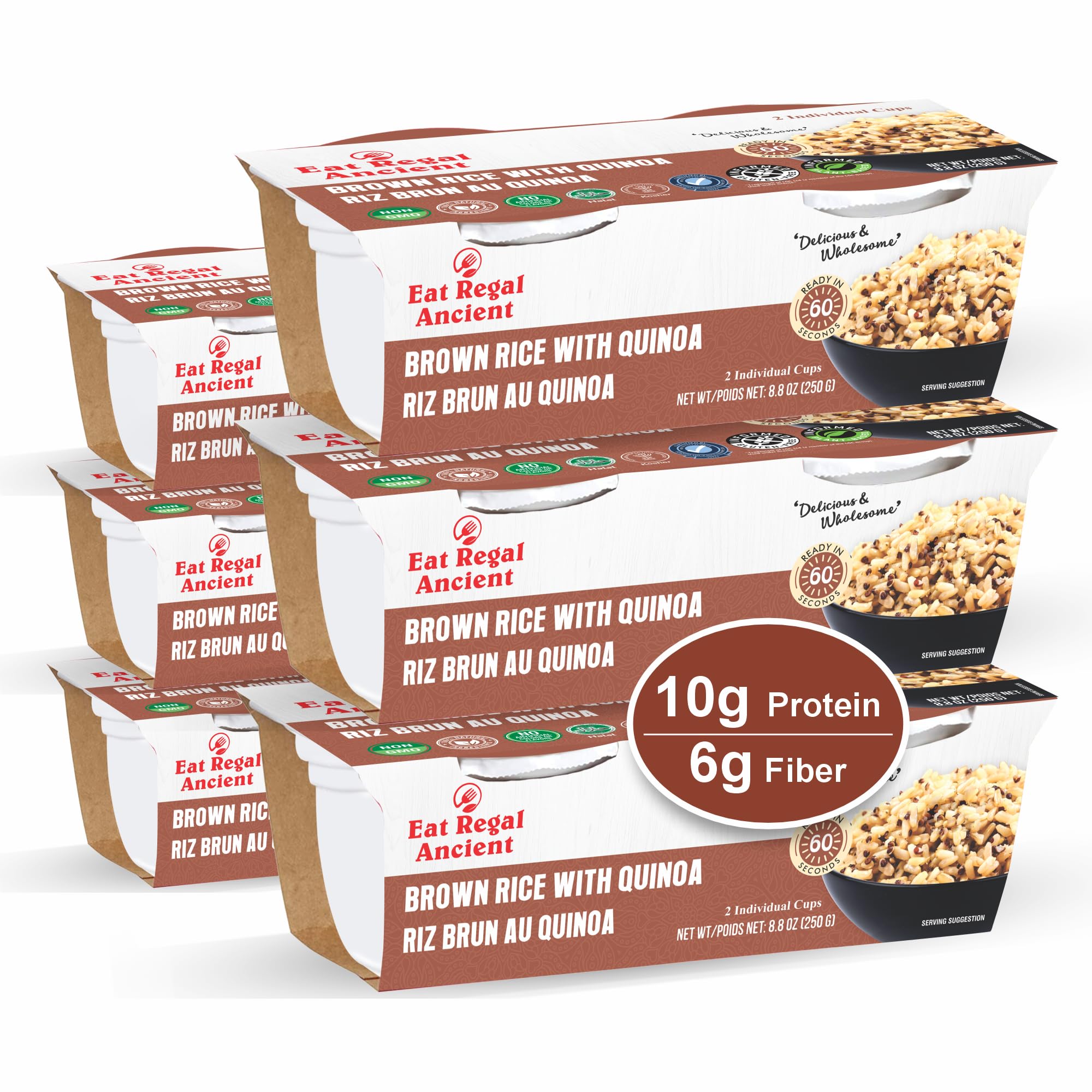 Eat Regal Brown Rice with Quinoa Cups, Nutty & Wholesome, 6 Clean Non GMO Ingredients, Ready in 1 Minute, 10g Protein 6g Fiber, Vegan Gluten-Free, 8.8oz (2×125g), No Leftovers No Mess | Pack of 6