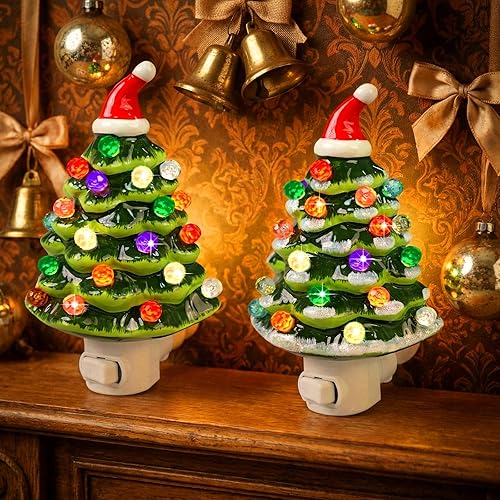 Ceramic Christmas Tree Night Light,2 Pack 6.3" Plug in Christmas Night Lights,Vintage Light up Ceramic Christmas Trees,360Adjustable Christmas Decor