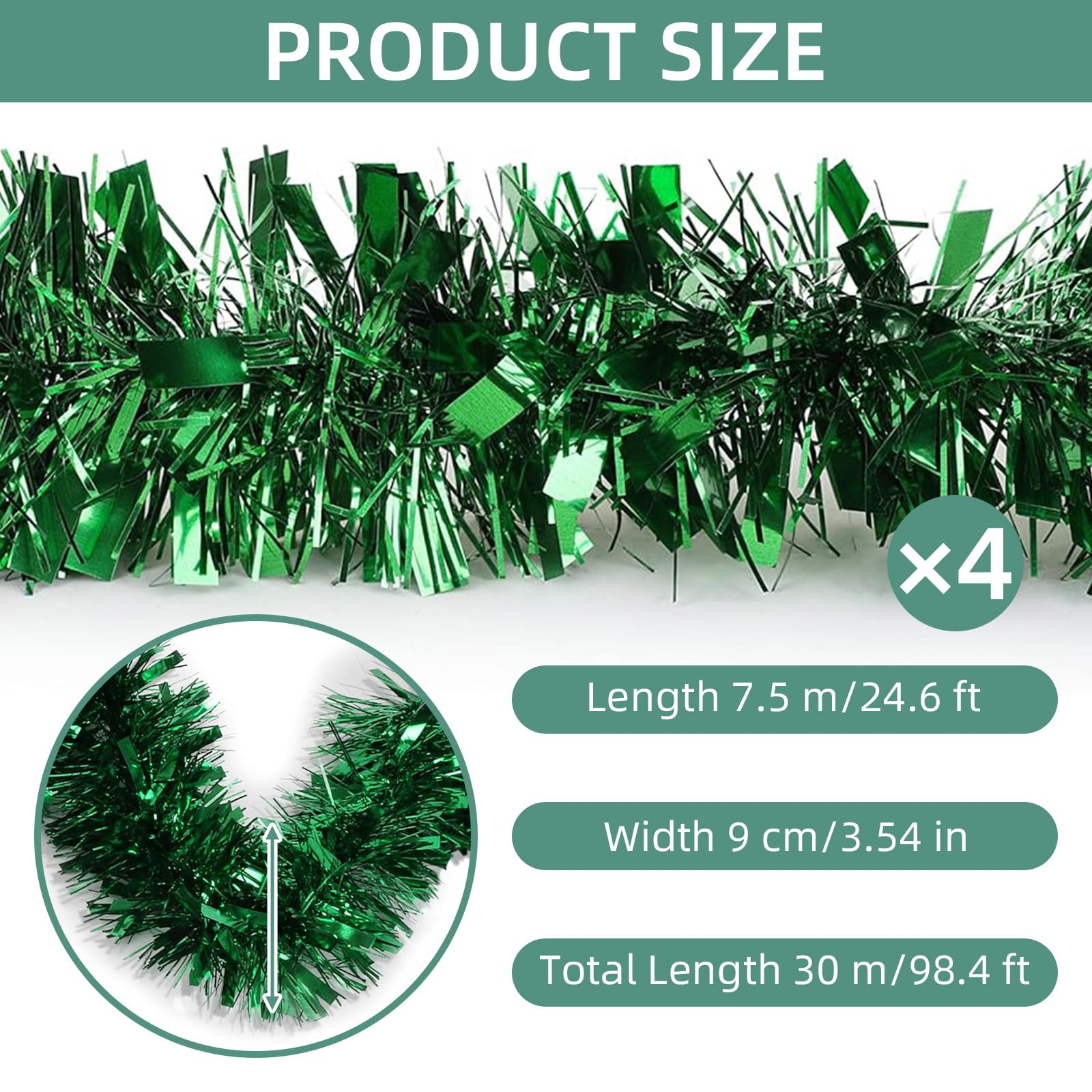 Guirnalda de oropel verde de 100 pies para Navidad, Halloween, decoración de guirnalda metálica de oropel para árbol de Navidad, Año Nuevo, vacaciones, fiestas de cumpleaños (3.54 x 50 pies,