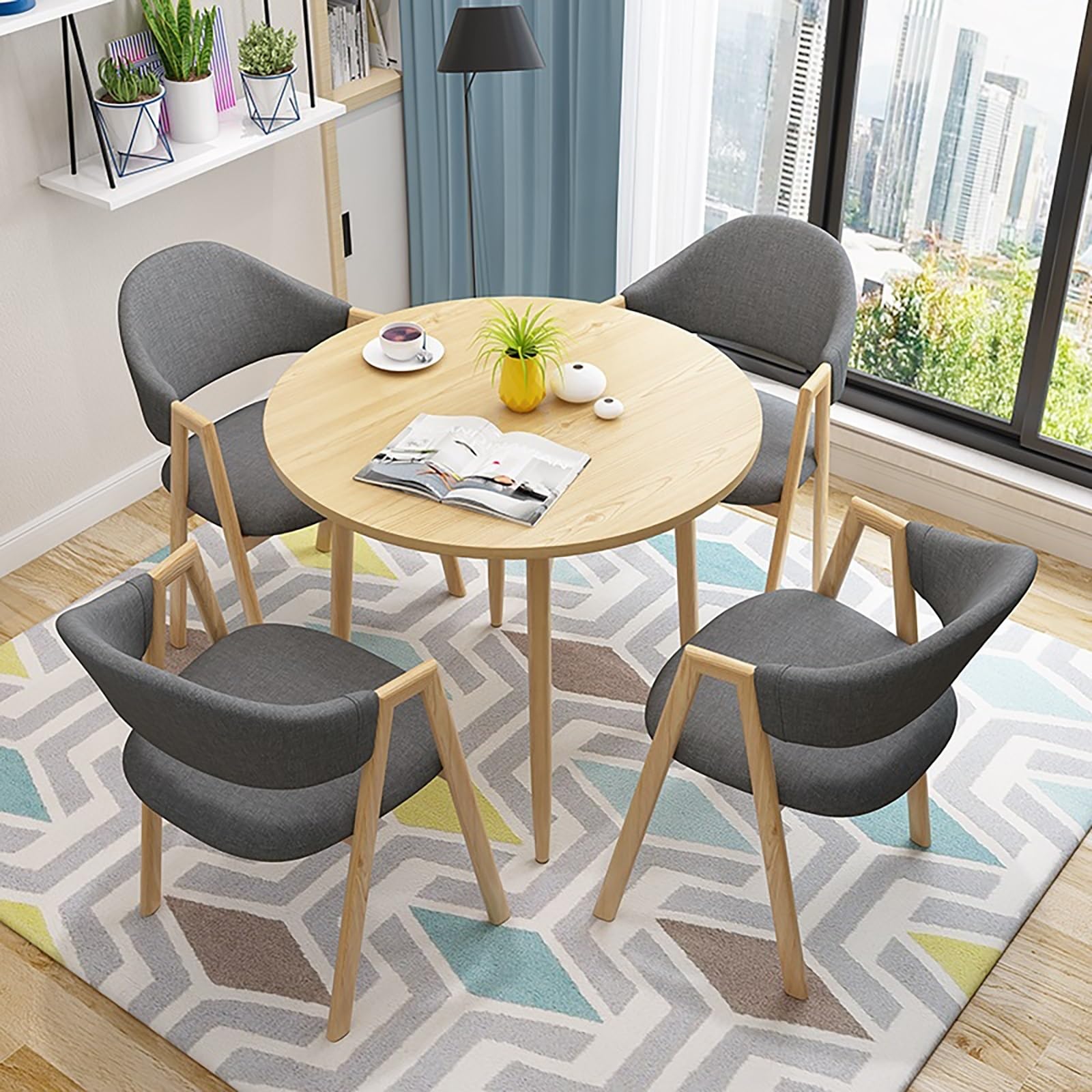 Round Dining Table Set with 4 Upholstered Chairs, 80cm Round Table for Cafe