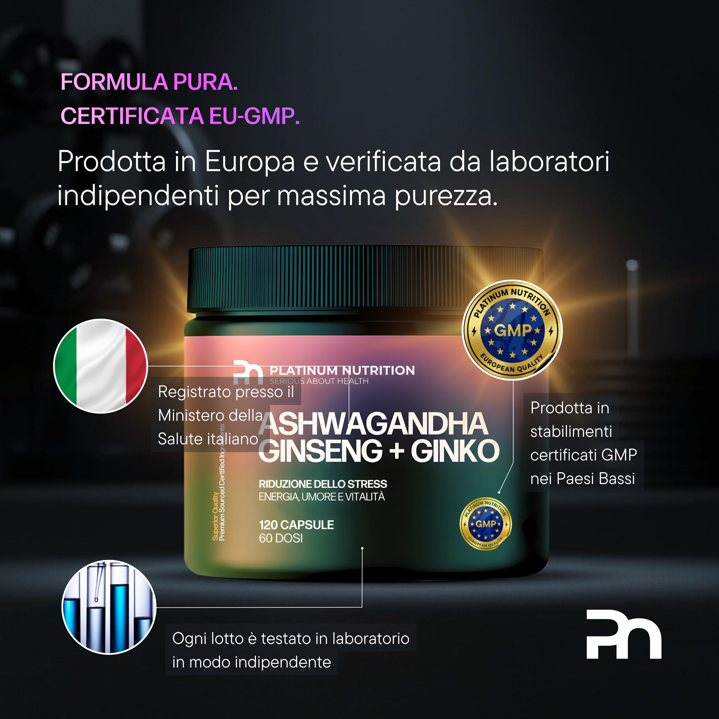 Platinum Nutrition Ashwagandha KSM-66 con Ginseng & Ginkgo Biloba, 120 Capsule (2 Mesi) | Integratore Naturale Adattogeno per Energia Mentale, Memoria, Ansia e Stress | Complesso con Ashwagandha Pura