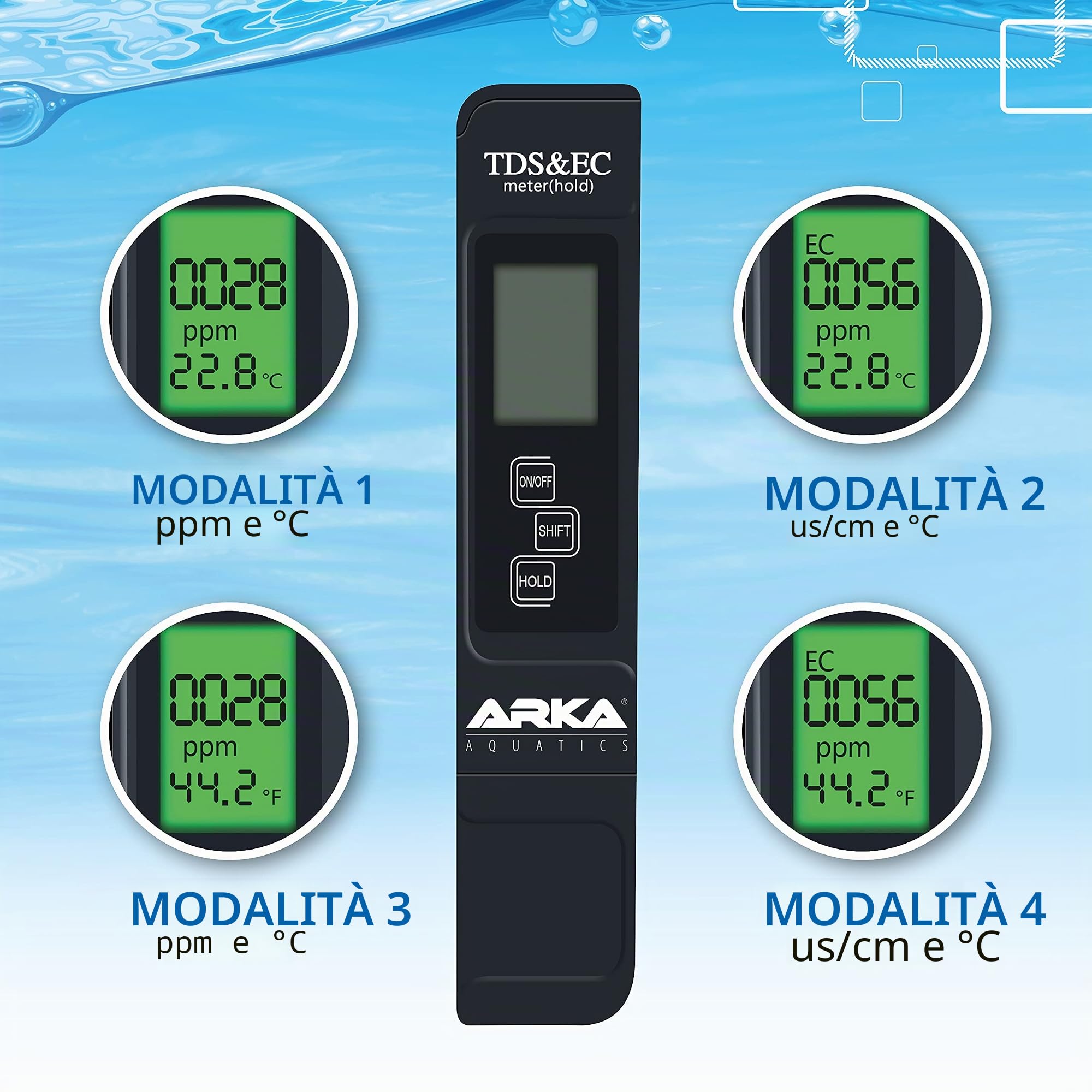 ARKA myAQUA® PH/TDS/EC - Misuratore | Misura PH, TDS, EC e Temperatura dell'Acqua | con Soluzione di calibrazione e Polvere di calibrazione | Ideale per Acquario, Piscina, laghetto e Acqua Potabile