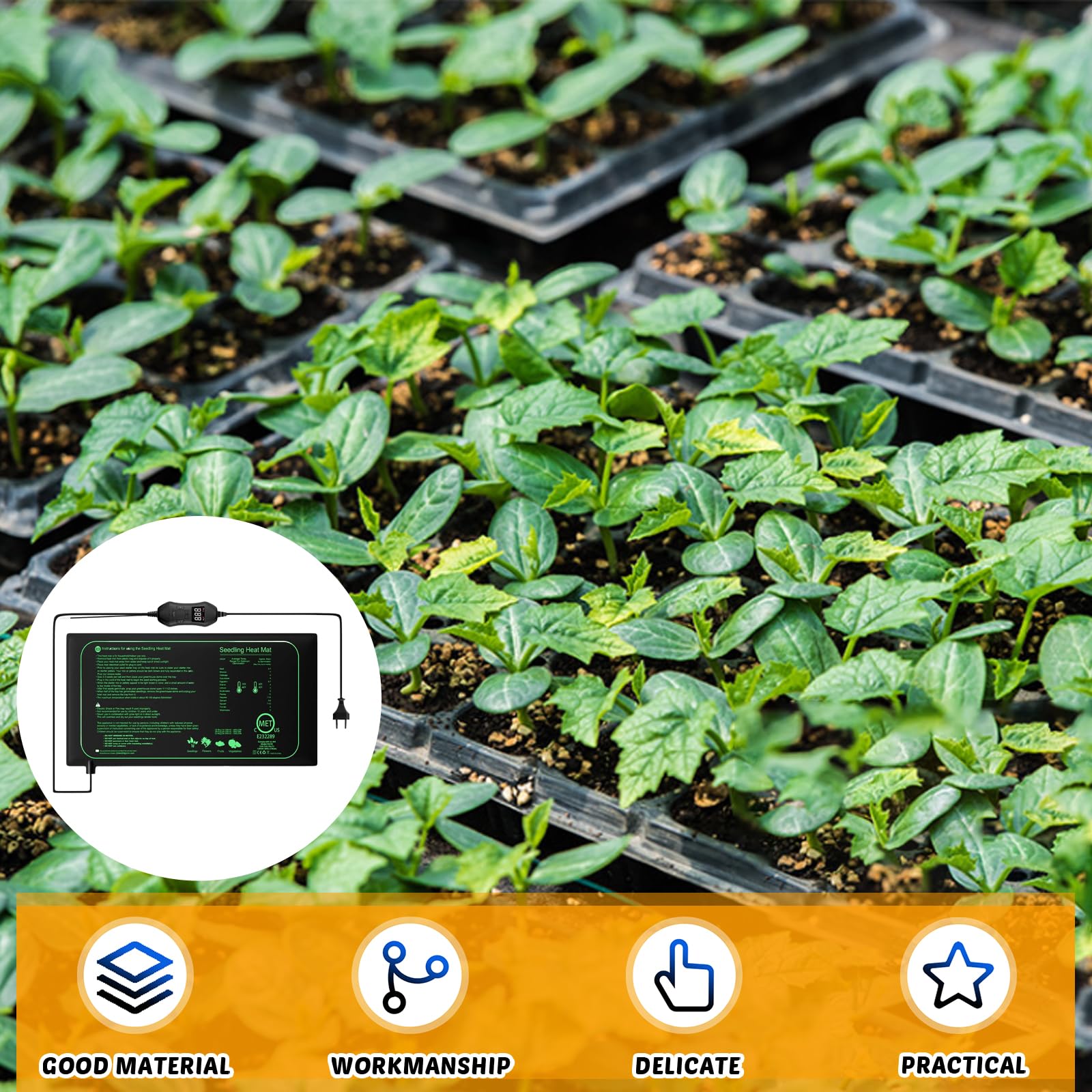 GOMETY - Alfombra térmica para plantas con termostato, 50 W impermeable para siembra y germinación, alfombra calefactora ajustable 52,5 x 25 cm para plantas, animales y reptiles