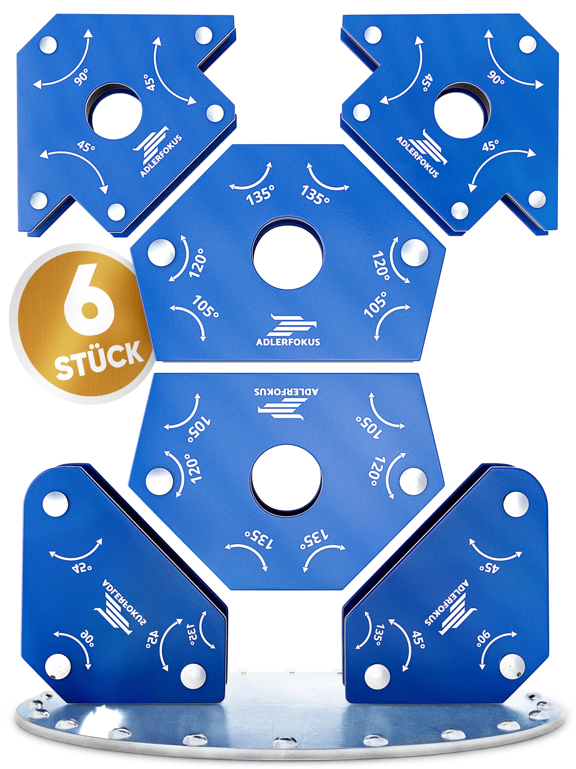 Adlerfokus 6x Schweißmagnet Set [KRAFTVOLL] Schweißwinkel Set mit 11,3 KG / 4 KG Haftkraft - Magnetwinkel mit 30°, 45°, 60°, 75°, 90°, 135° - Schweißzubehör Winkelmagnet zum Heften