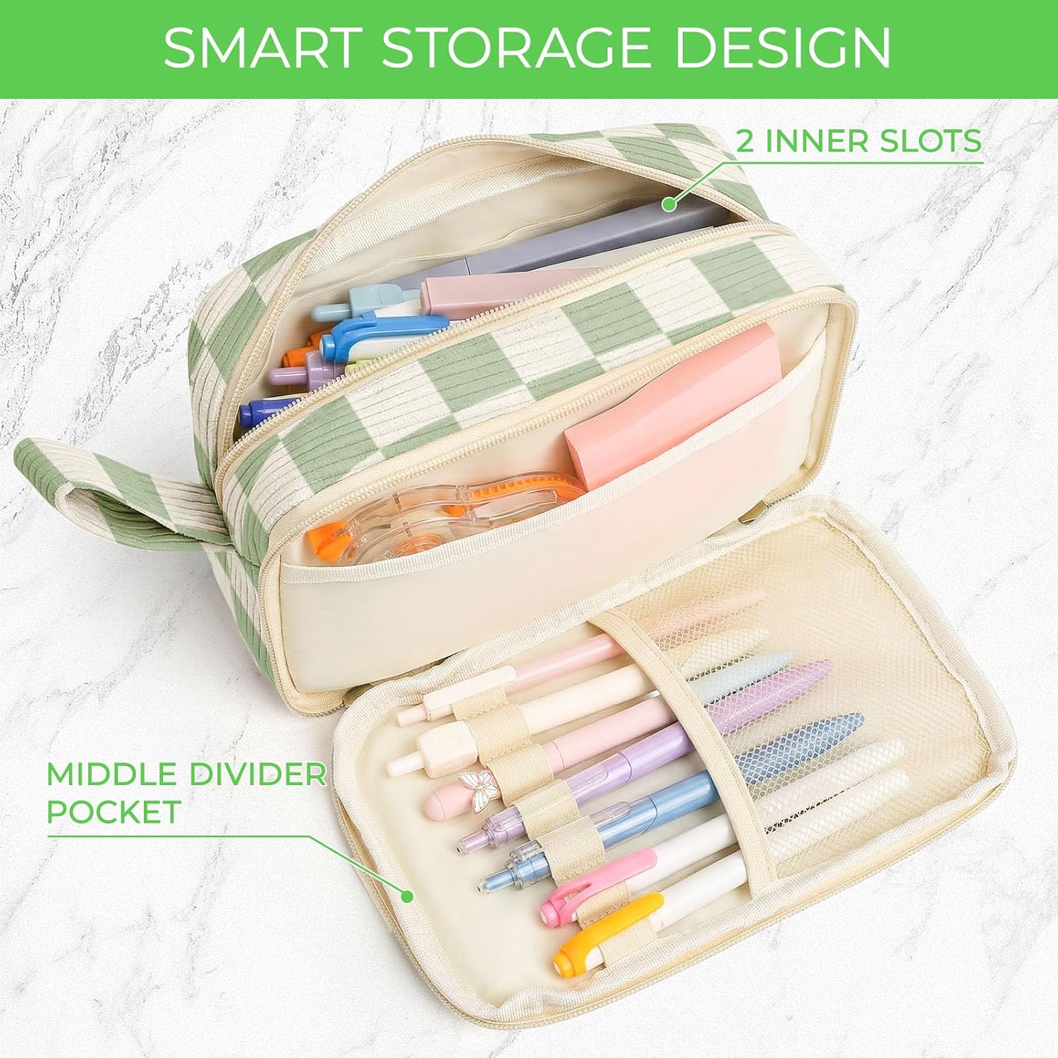 WOBAGMEN Cute Pencil Case,Large Corduroy Zippered Pencil Case Pouch, Aesthetic Pencil Bag with Compartments, Pencil Pouch School Supplies (Green checked)