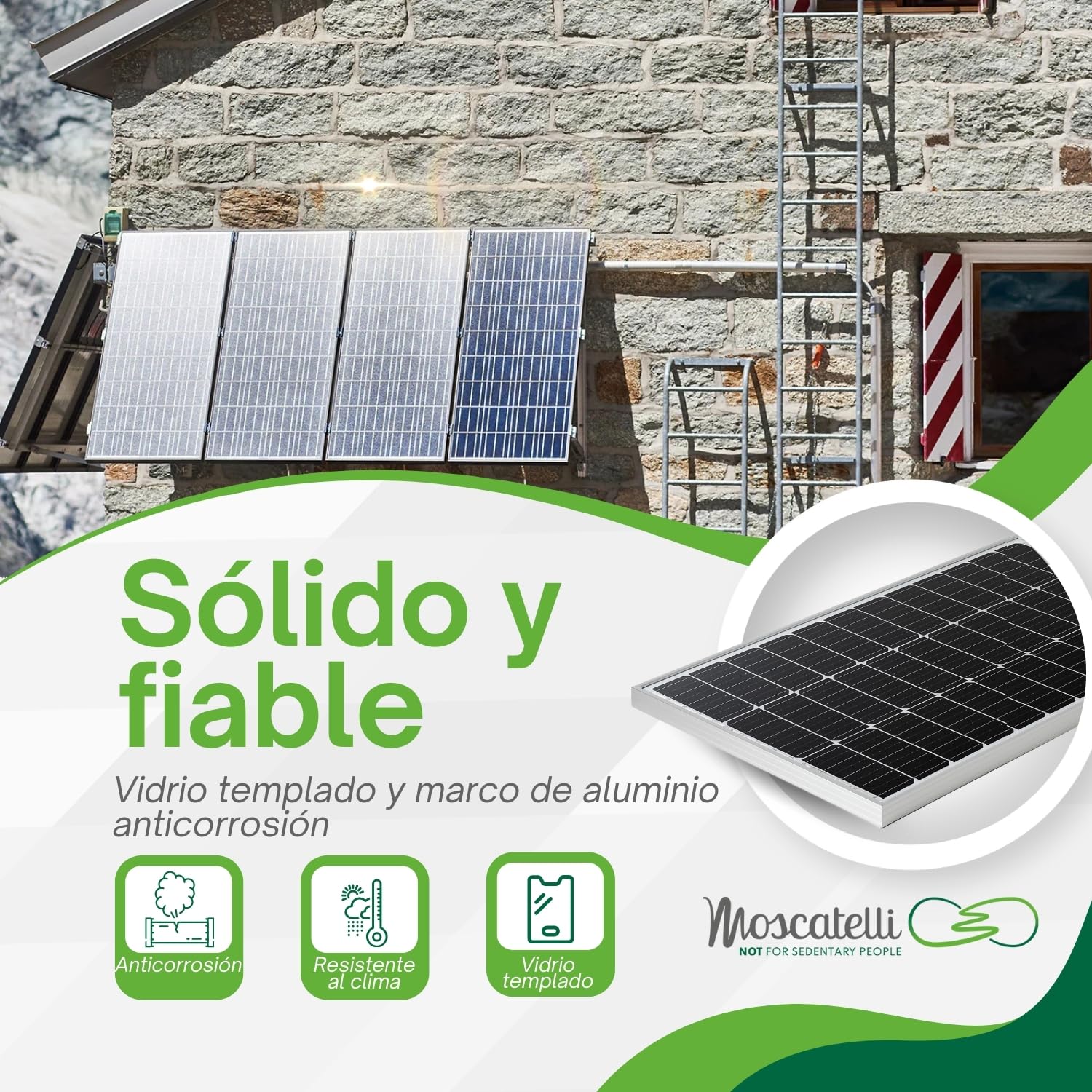 MOSCATELLI Panel Solar 100W para baterias 12V Células Monocristalinas PERC 9BB de Última Generación con Muy Alta Eficiencia. Optimizado – tensión 21V