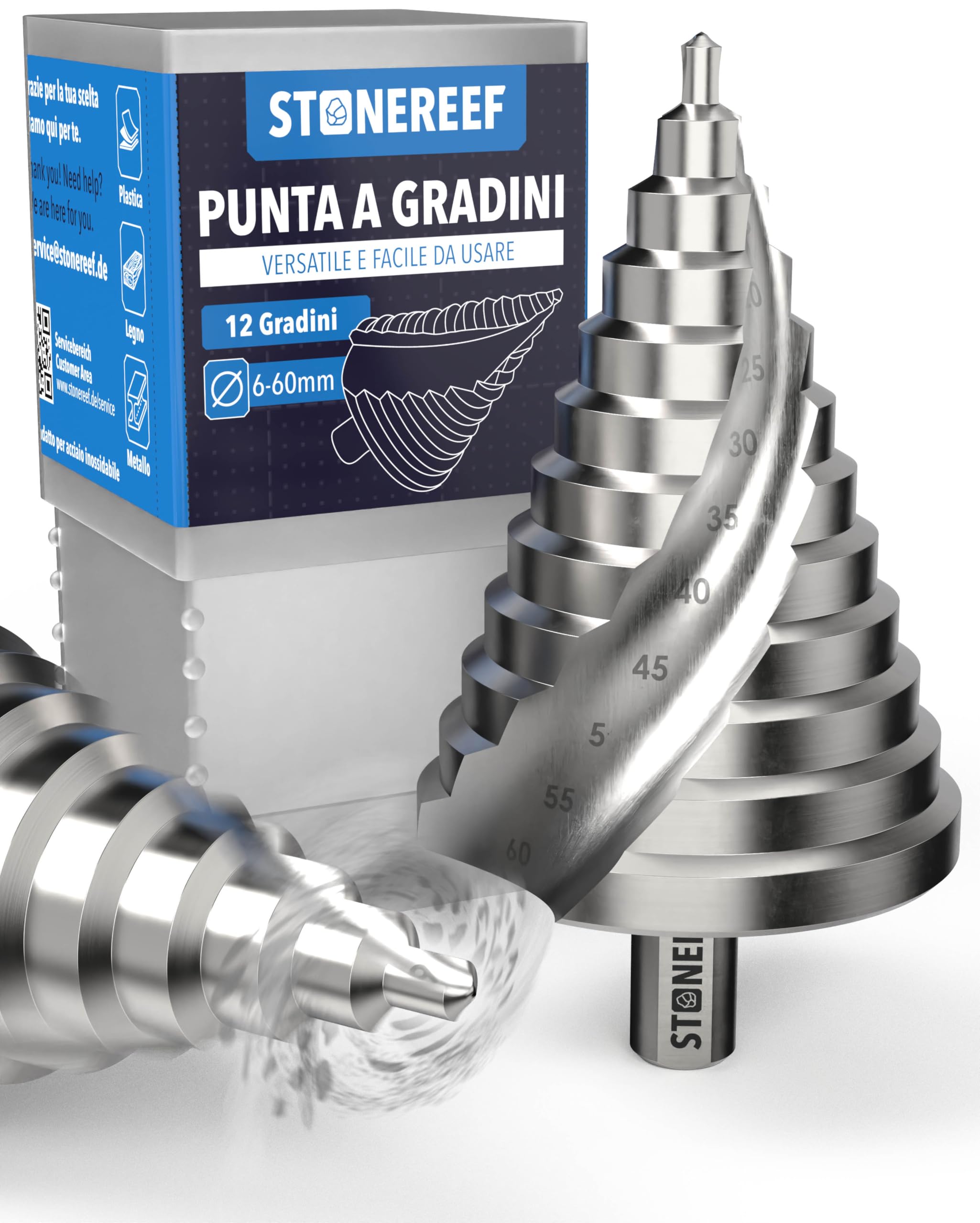 Trapano a gradini 6 – 60 mm in HSS 4241 – scanalatura elicoidale con gambo da 12 mm – Punta conica per sbucciare metallo plastica legno – Punta extra grande per fori precisi