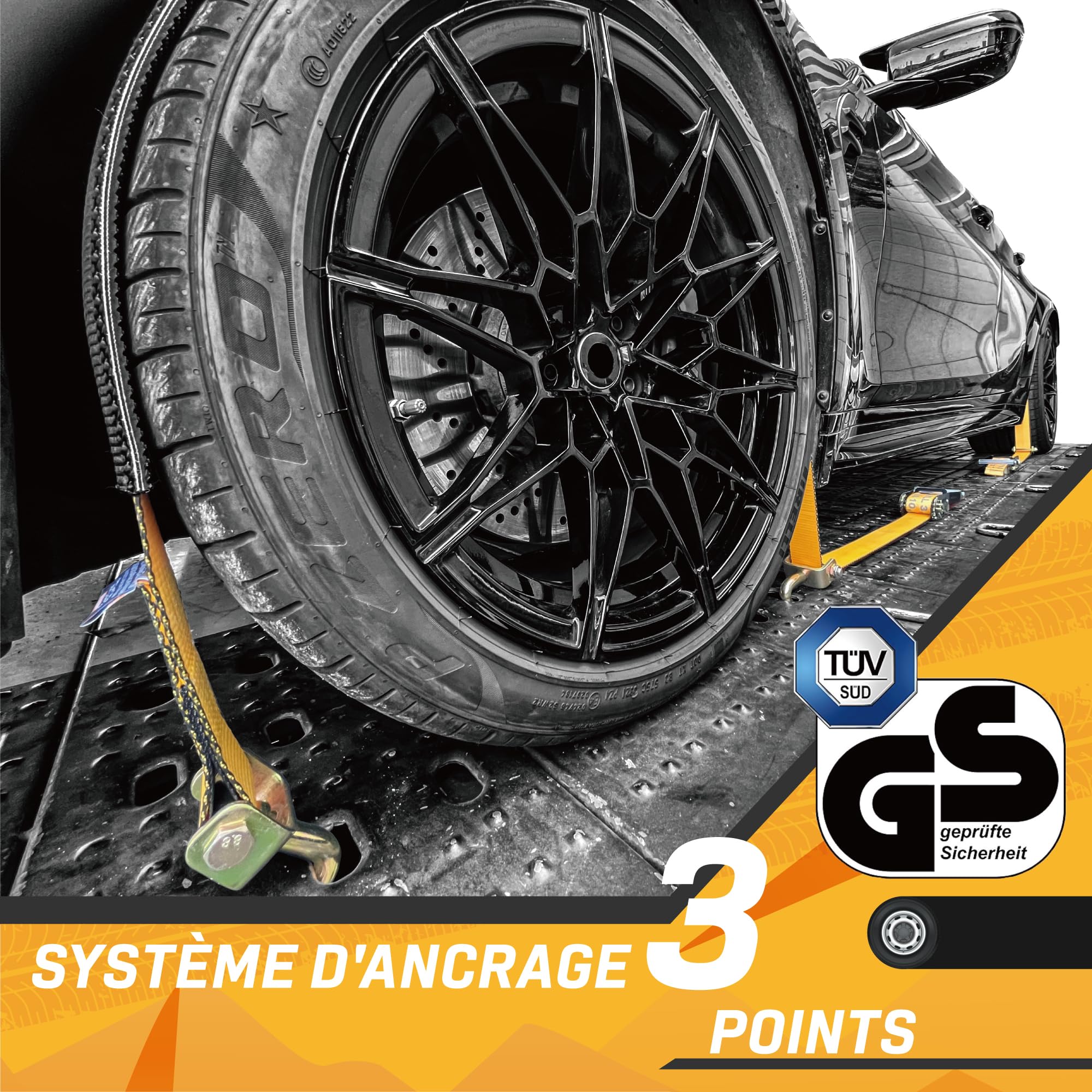 4 Lots de Sangles pour Roues 50mm x 2.5m | Sangle à Cliquet 5000kg pour Transport de Véhicules | avec Patins Anti-Dérapants et Crochet Pivots 360° | Certifié TÜV G/S DIN en 12195-2