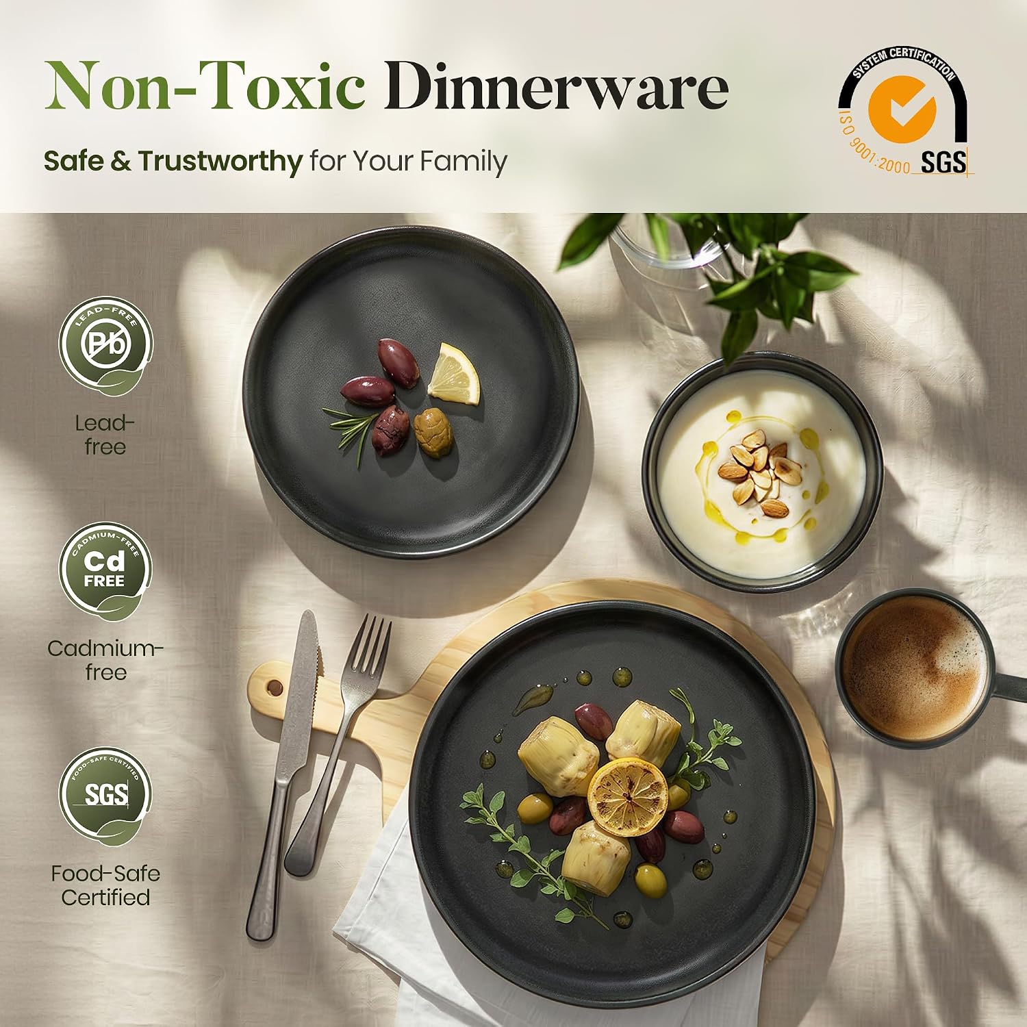 Kitchen Academy Stoneware Dinnerware Sets for 4, 16 Pieces Ceramic Non Toxic Plates and Bowls Sets, Scratch Resistant Handmade Dish Set, Oven & Microwave & Dishwasher Safe, Matte Black