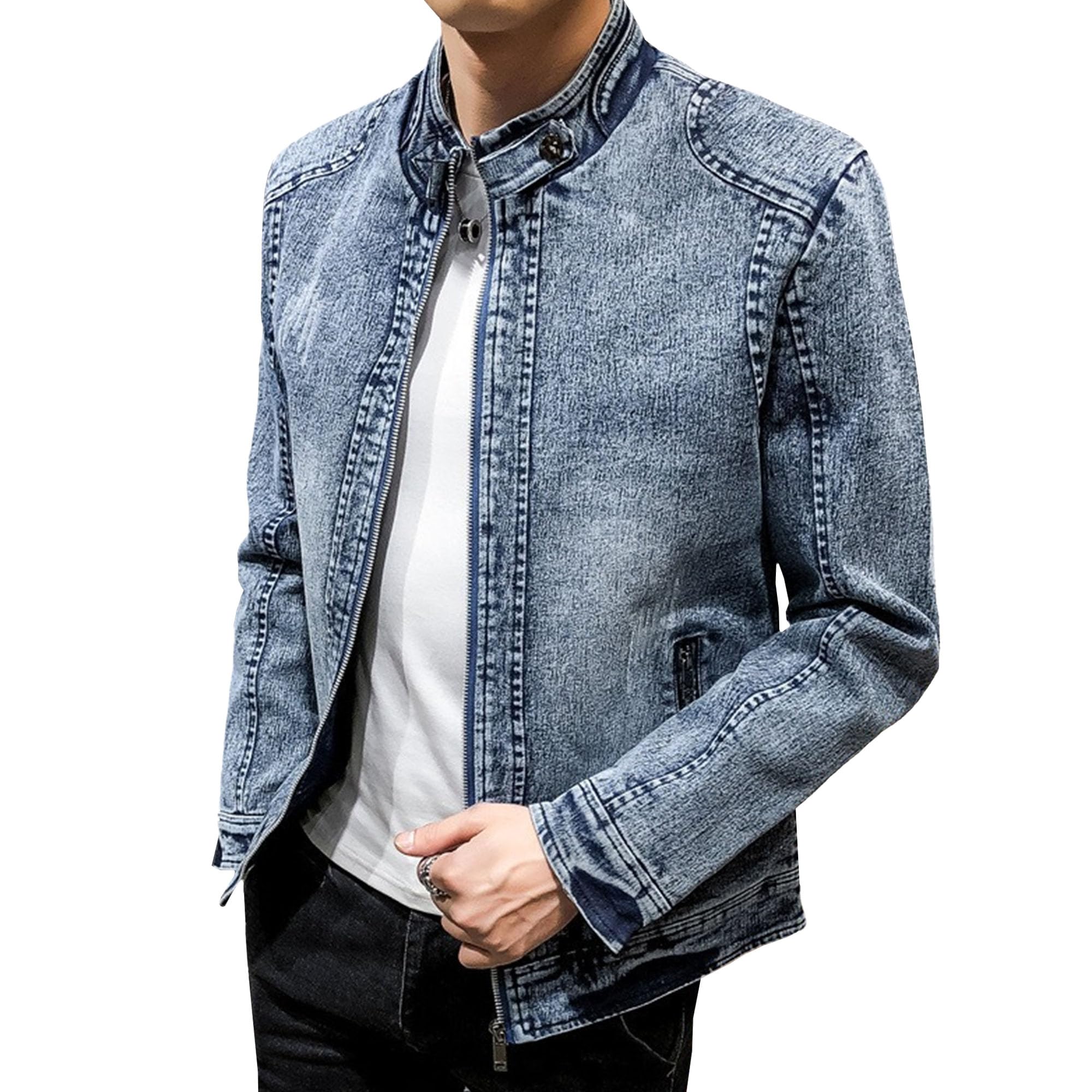 Veste de moto rétro en jean avec col montant et fermeture éclair intégrale