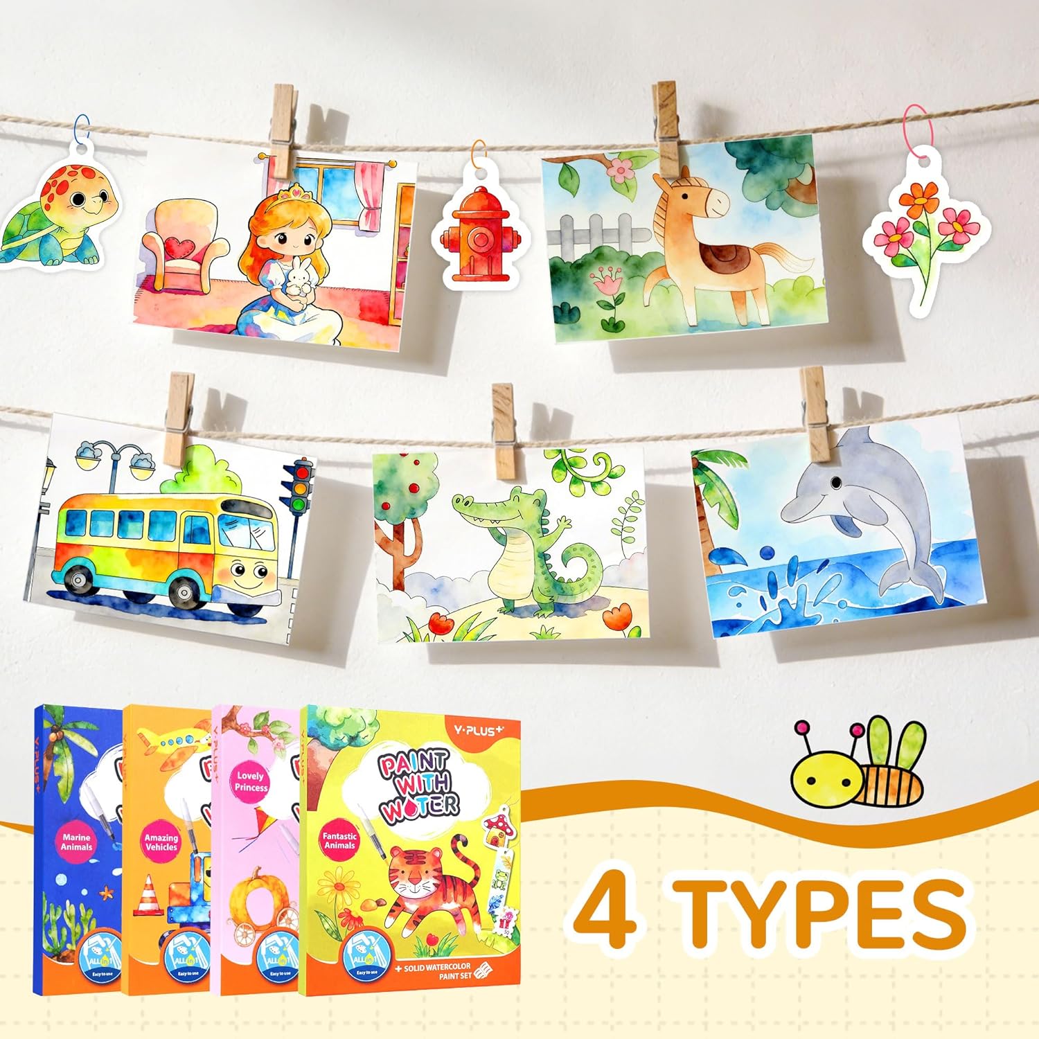 YPLUS Paint with Water Coloring Book for Toddlers, 4 Pack Mess Free Watercolor Painting Set, 26 Pages & 8 Color Palettes, DIY Art Craft Travel Toy Gift for Kids Ages 1-3 2-4 4-6(4 Themes)
