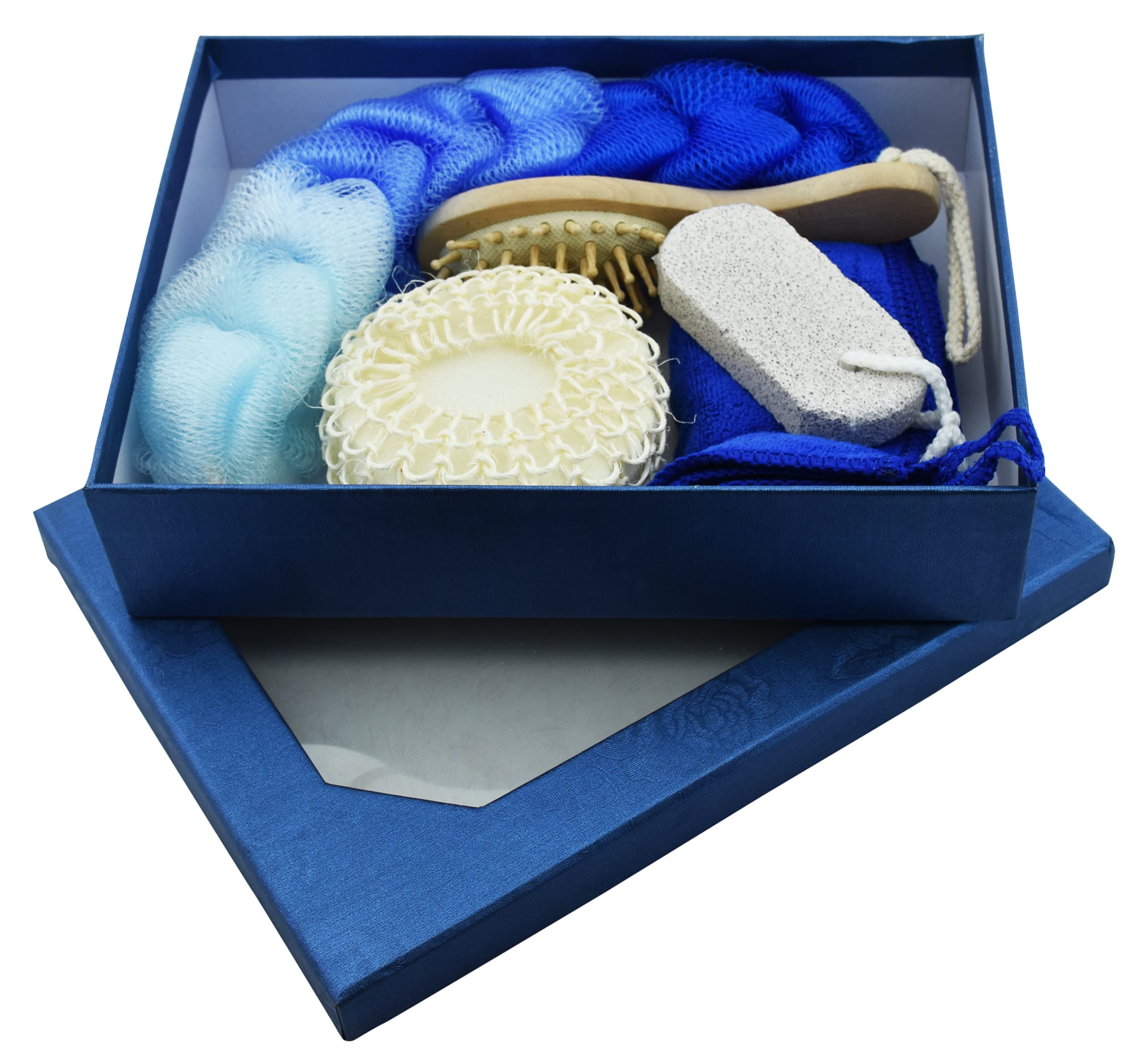 RSAAUD® Blue Love Gift Box Bath & Body Set For Women / Men Back Scrubber Pumice Stone And Body Sponge with hair Comb-image-13