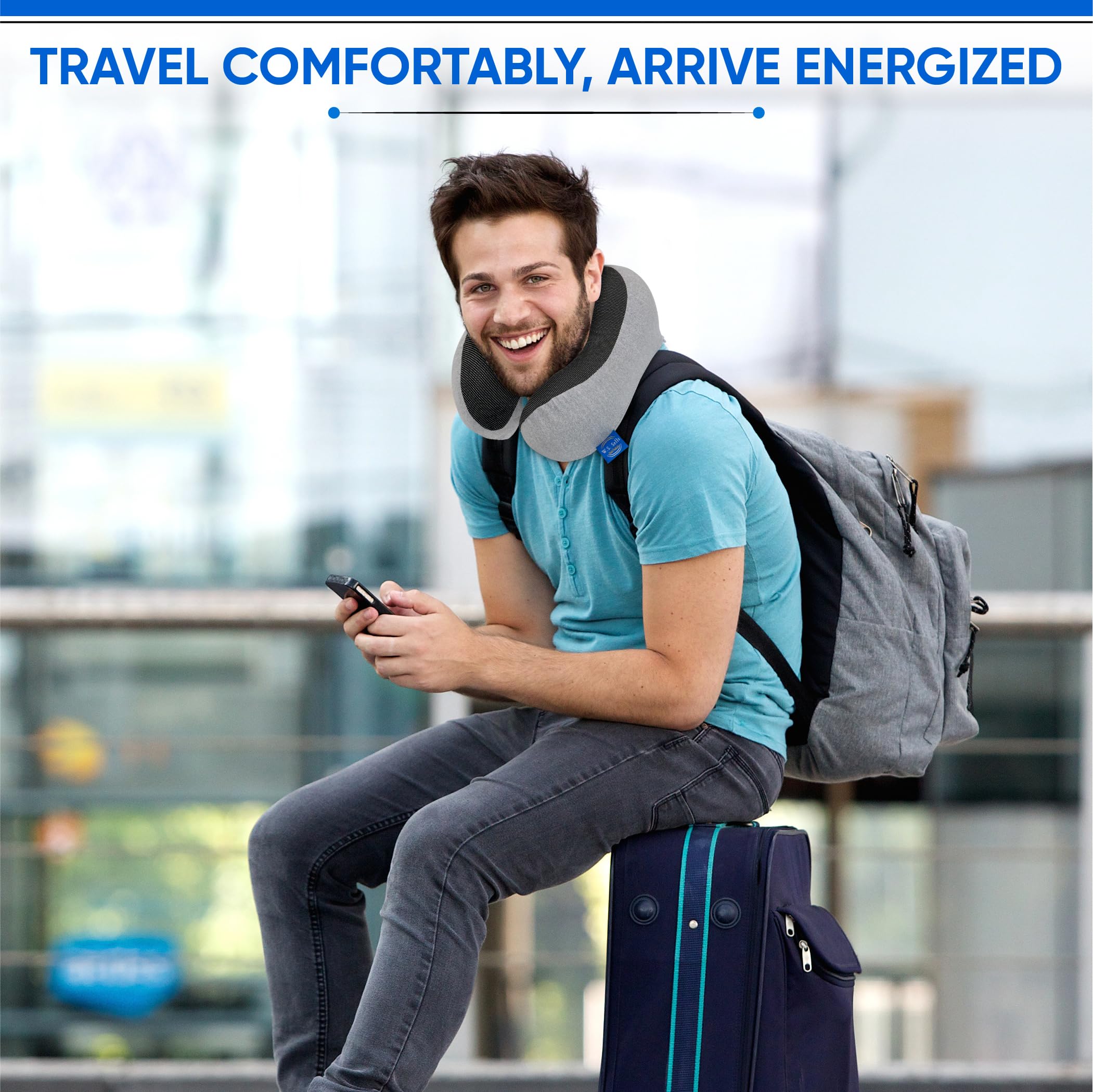 W.S. Vende almohadas de cuello de viaje para aviones, espuma viscoelástica pura con diseño ergonómico y tela transpirable, almohadas de viaje para aviones y automóviles, juego de artículos esenciales