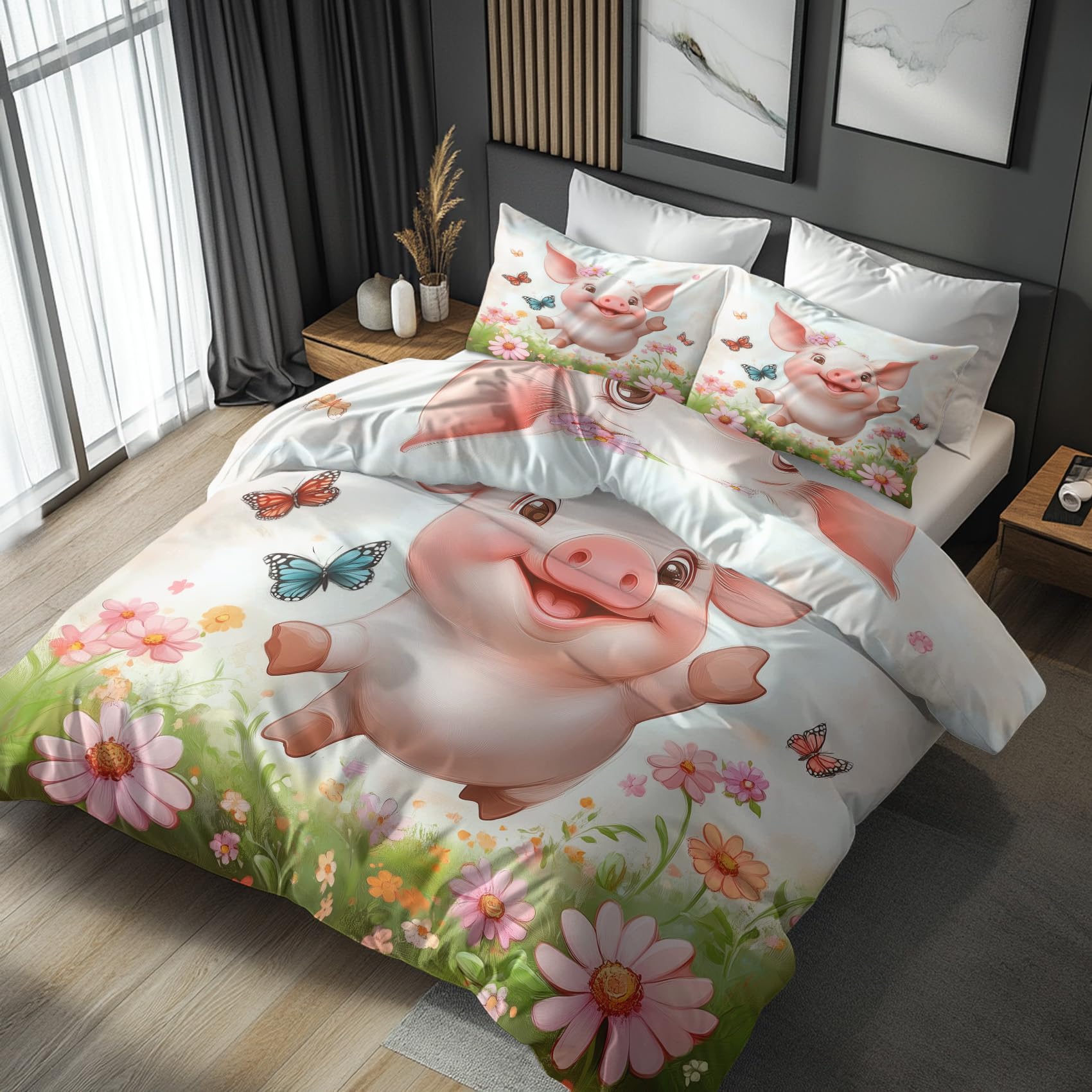 Housse de couette cochon 220x240 en microfibre douce anti-plis avec fermeture eclair